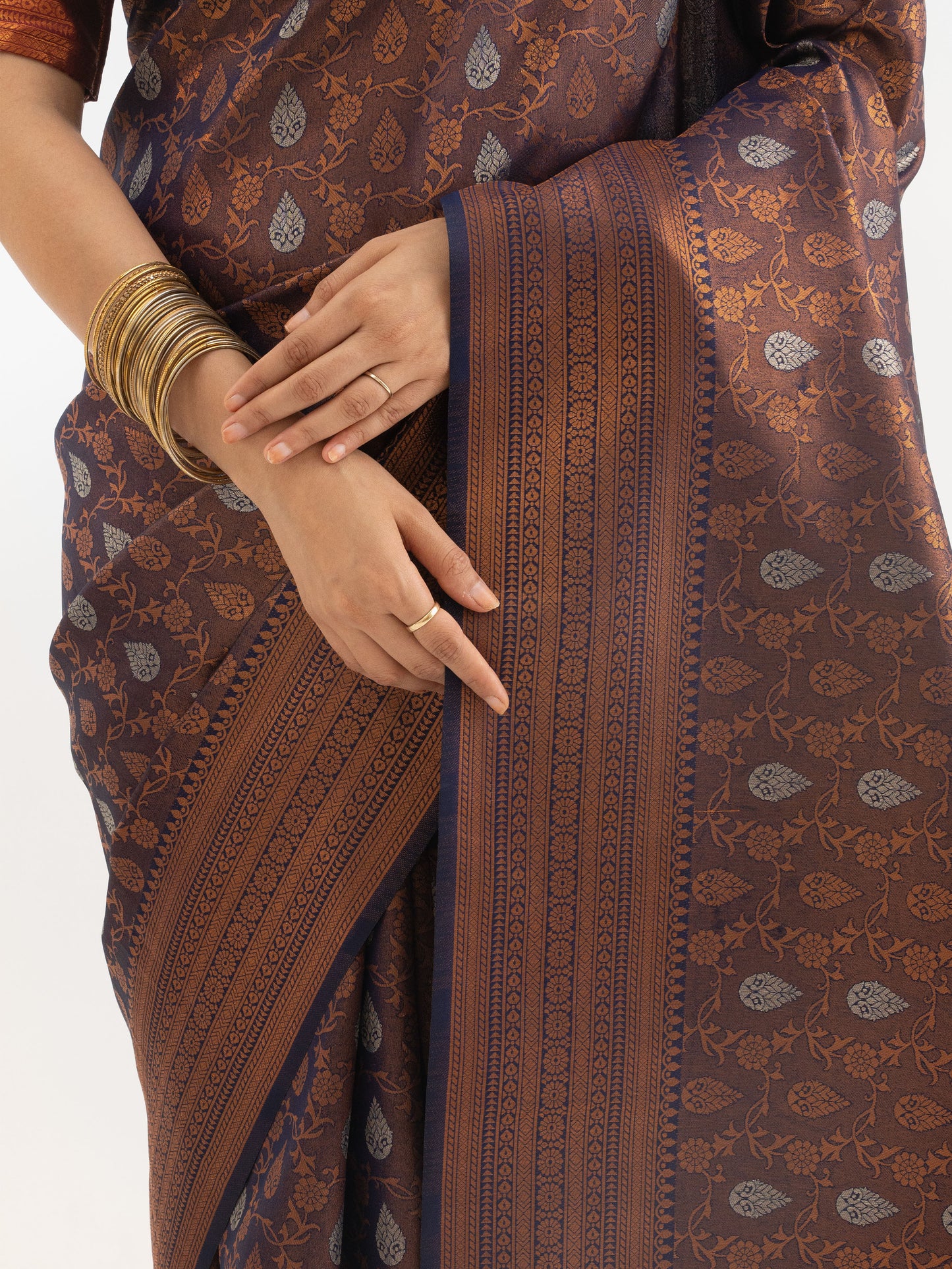 Regal Brown Kanjivaram Silk Saree with Silver Motifs