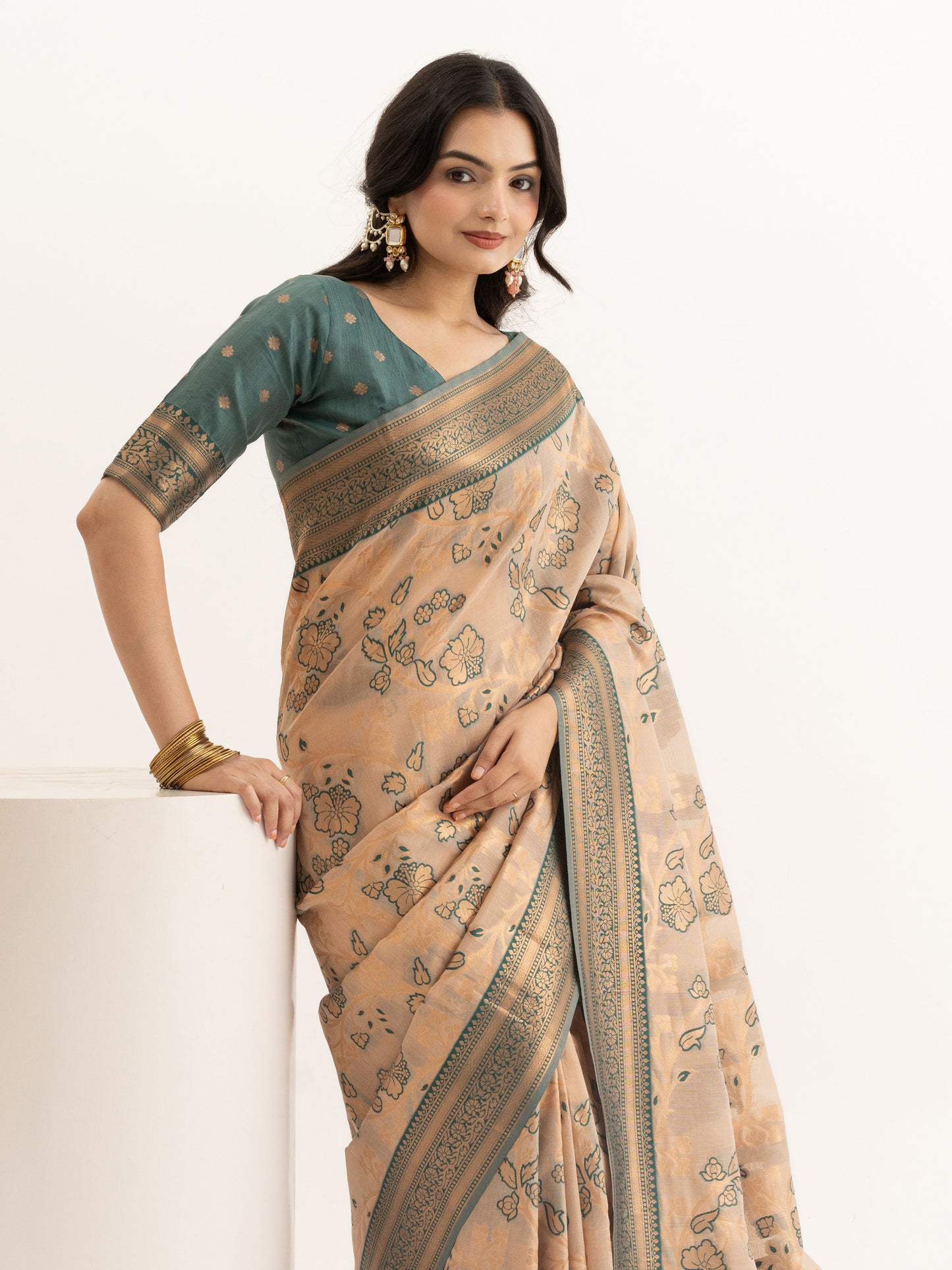 Beige & Teal Green Woven Linen Saree