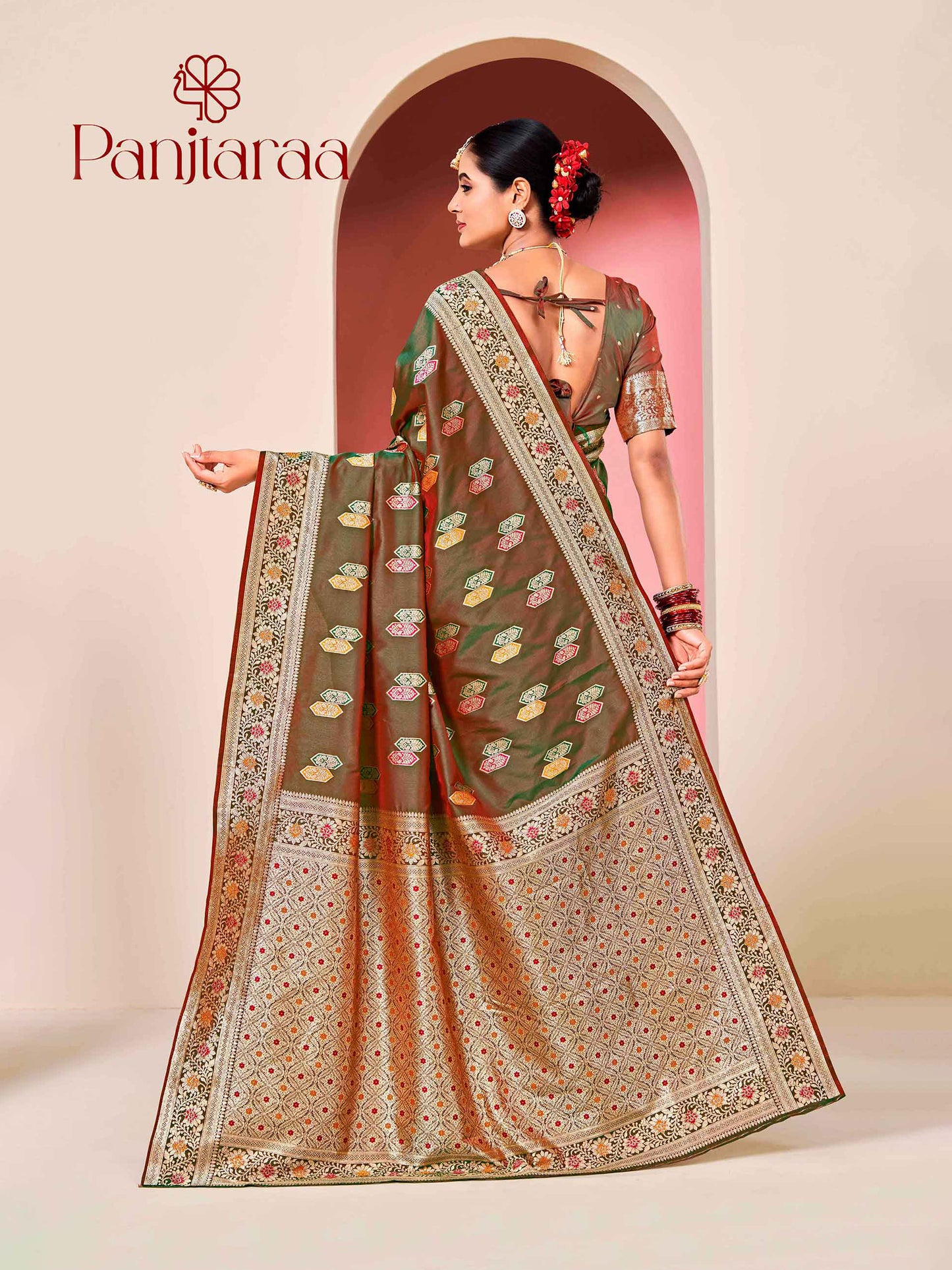 Olive Green Banarasi Zari Woven Katan Silk Saree