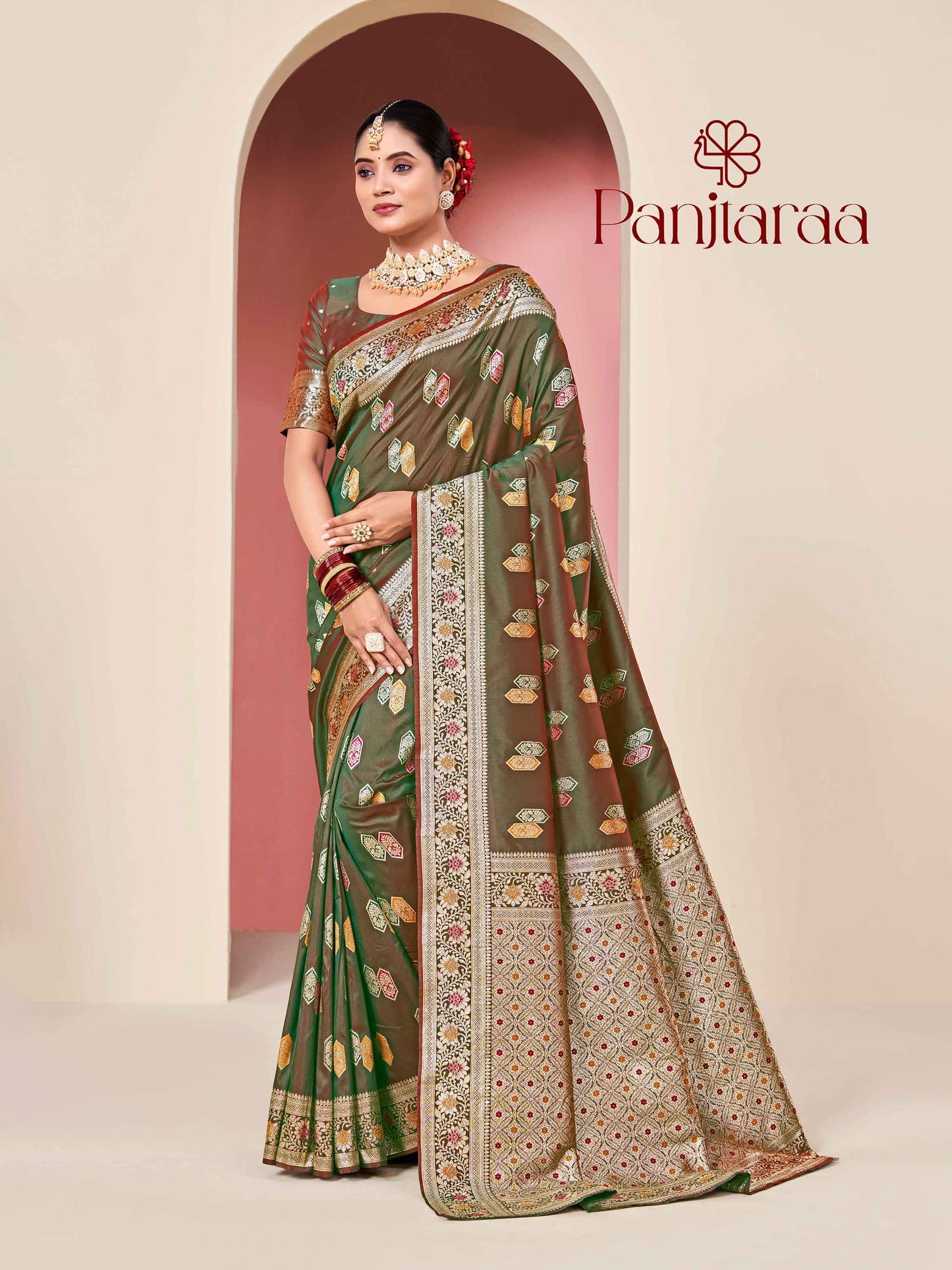 Olive Green Banarasi Zari Woven Katan Silk Saree