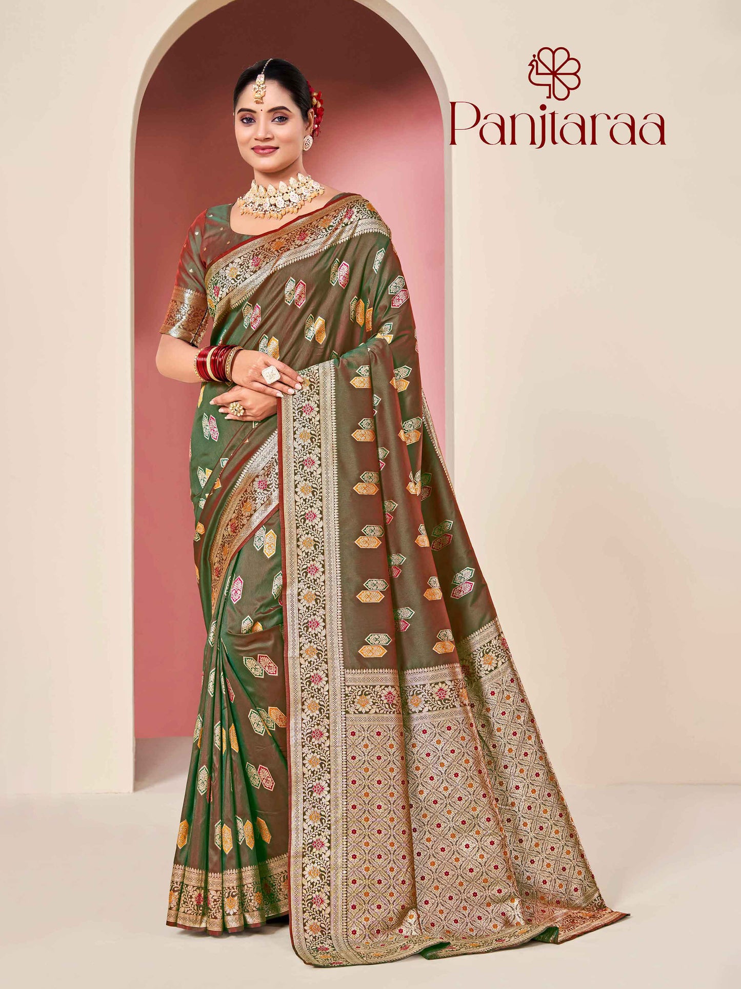 Olive Green Banarasi Zari Woven Katan Silk Saree