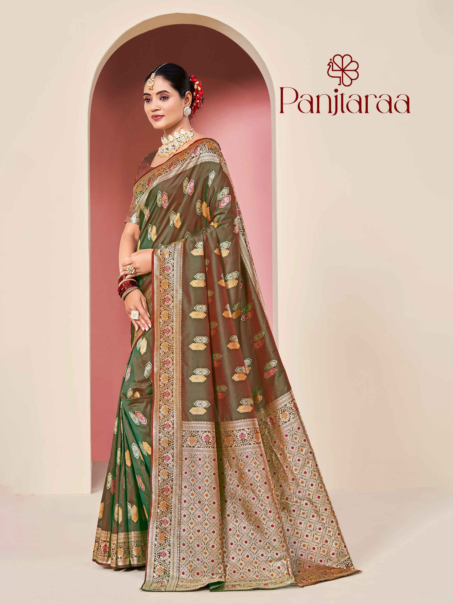 Olive Green Banarasi Zari Woven Katan Silk Saree