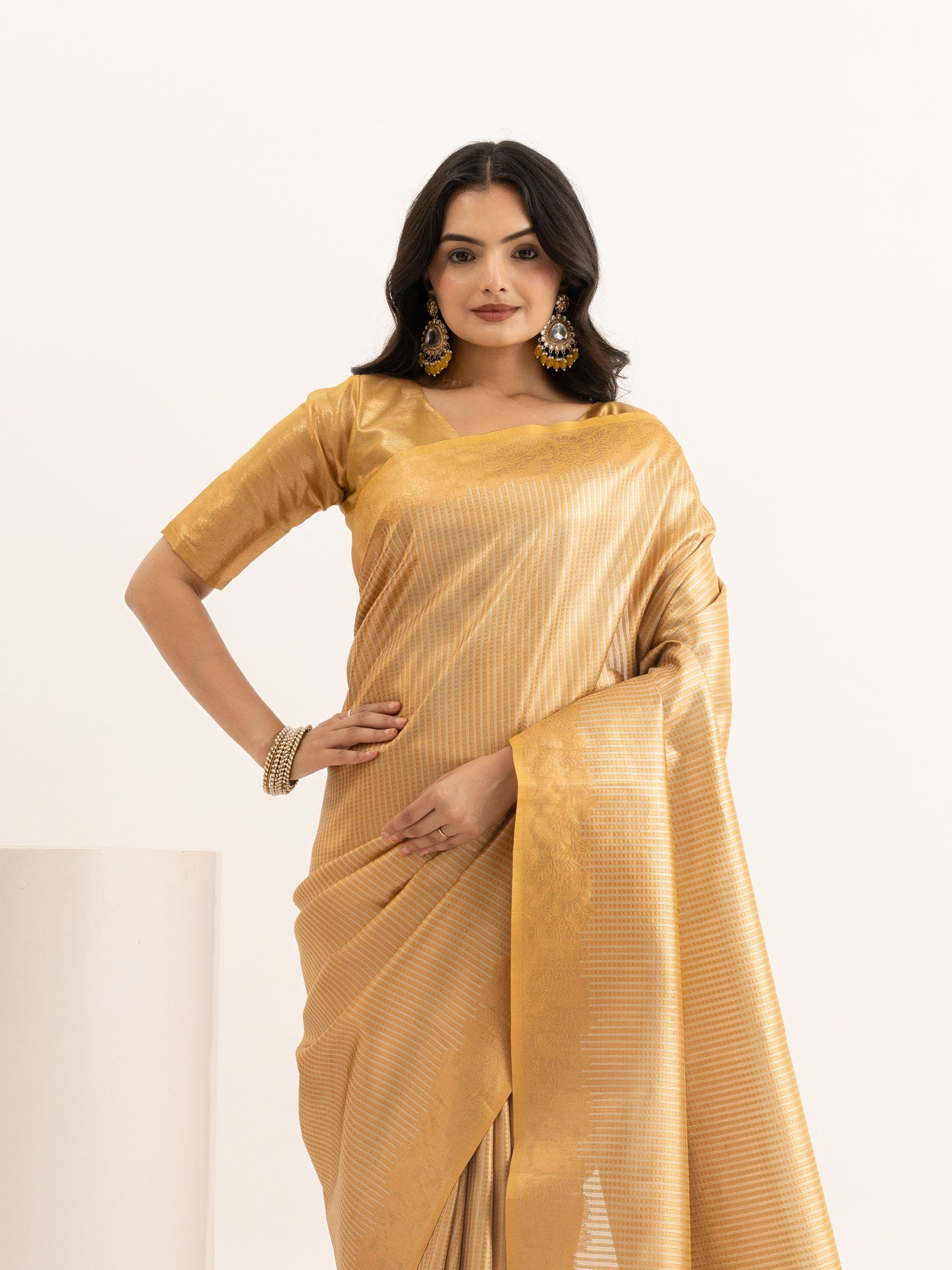 Golden Tissue Silk Saree with Zari Stripes & Brocade Pallu