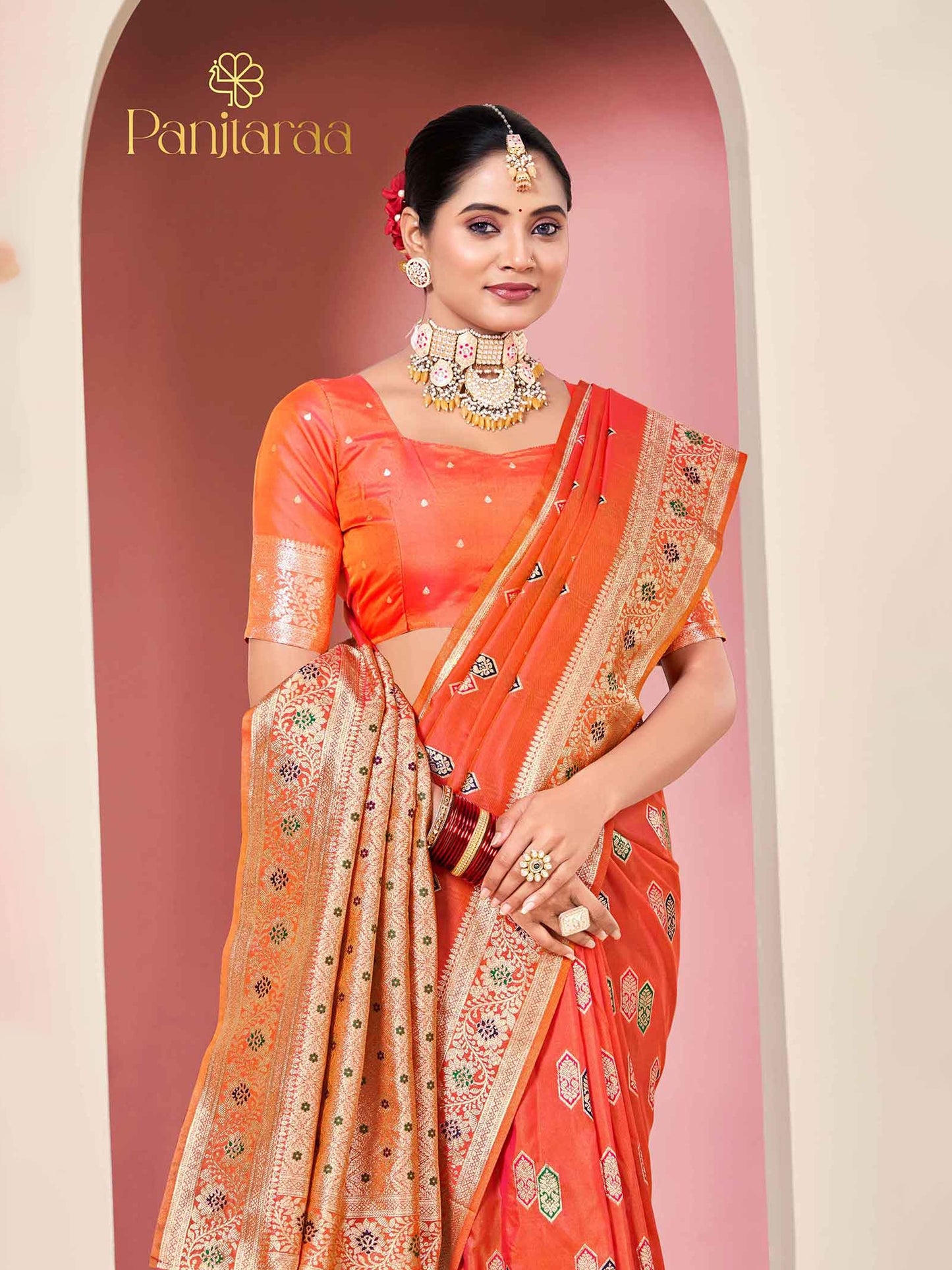 Reddish Orange Banarasi Zari Woven Katan Silk Saree