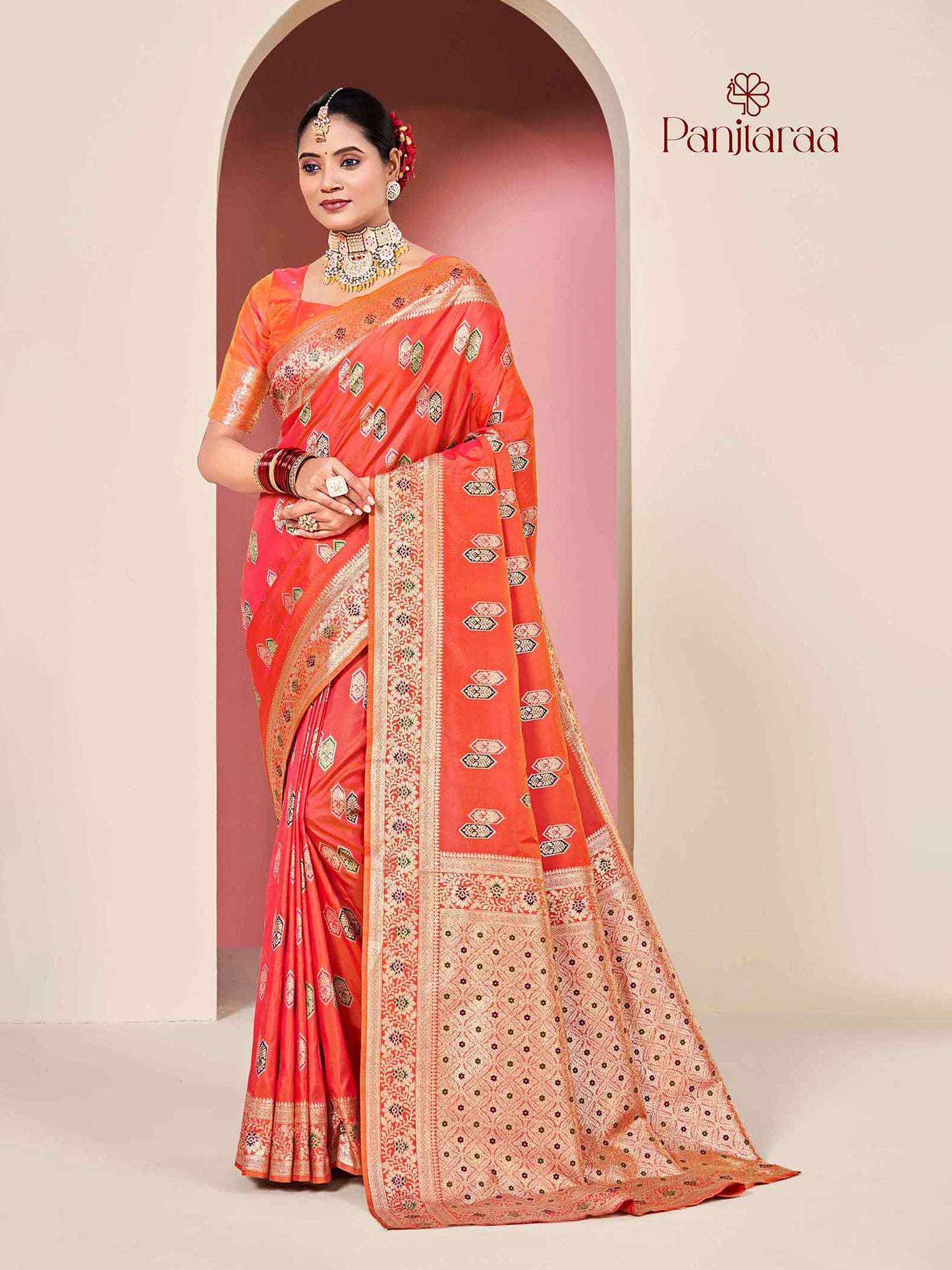 Reddish Orange Banarasi Zari Woven Katan Silk Saree