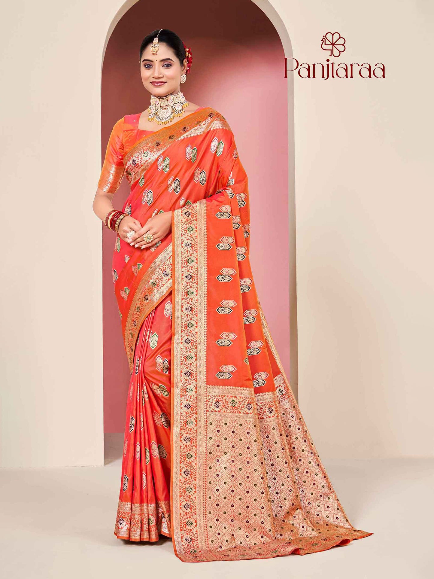 Reddish Orange Banarasi Zari Woven Katan Silk Saree