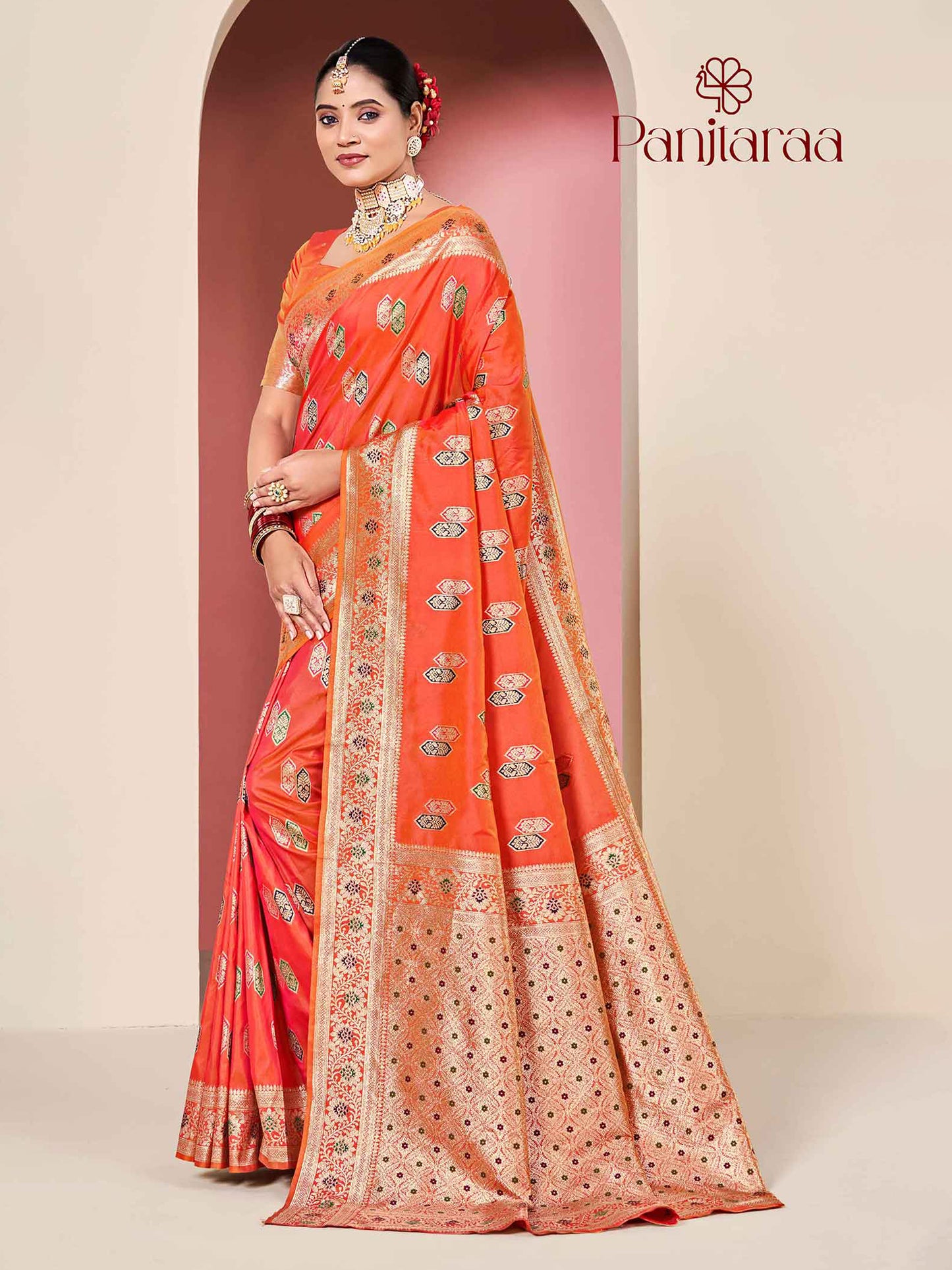 Reddish Orange Banarasi Zari Woven Katan Silk Saree