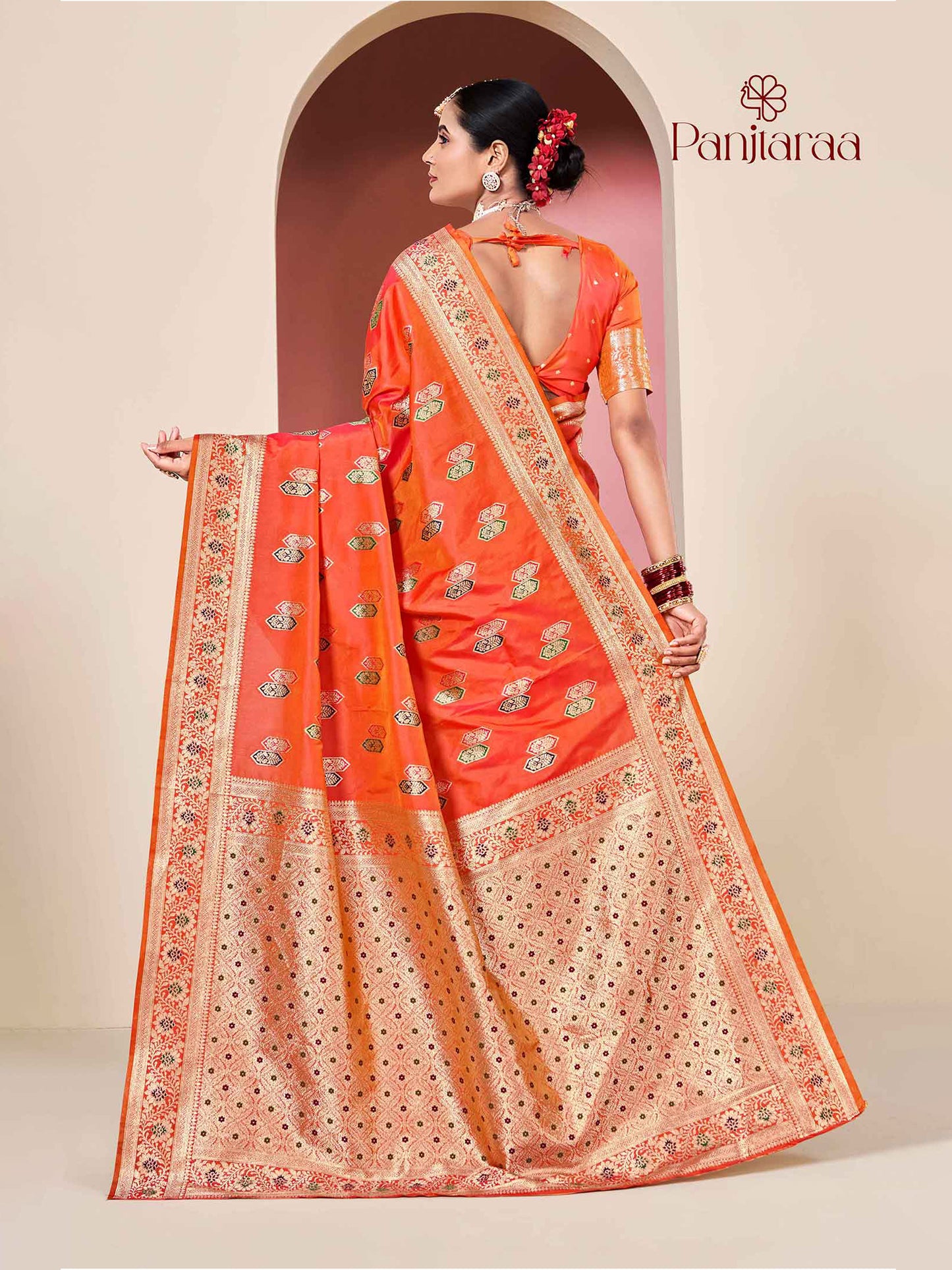Reddish Orange Banarasi Zari Woven Katan Silk Saree