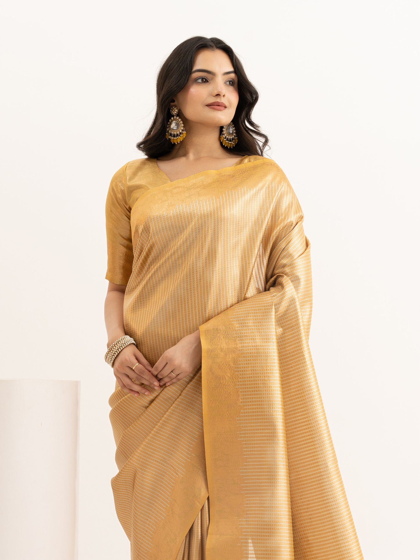 Golden Tissue Silk Saree with Zari Stripes & Brocade Pallu