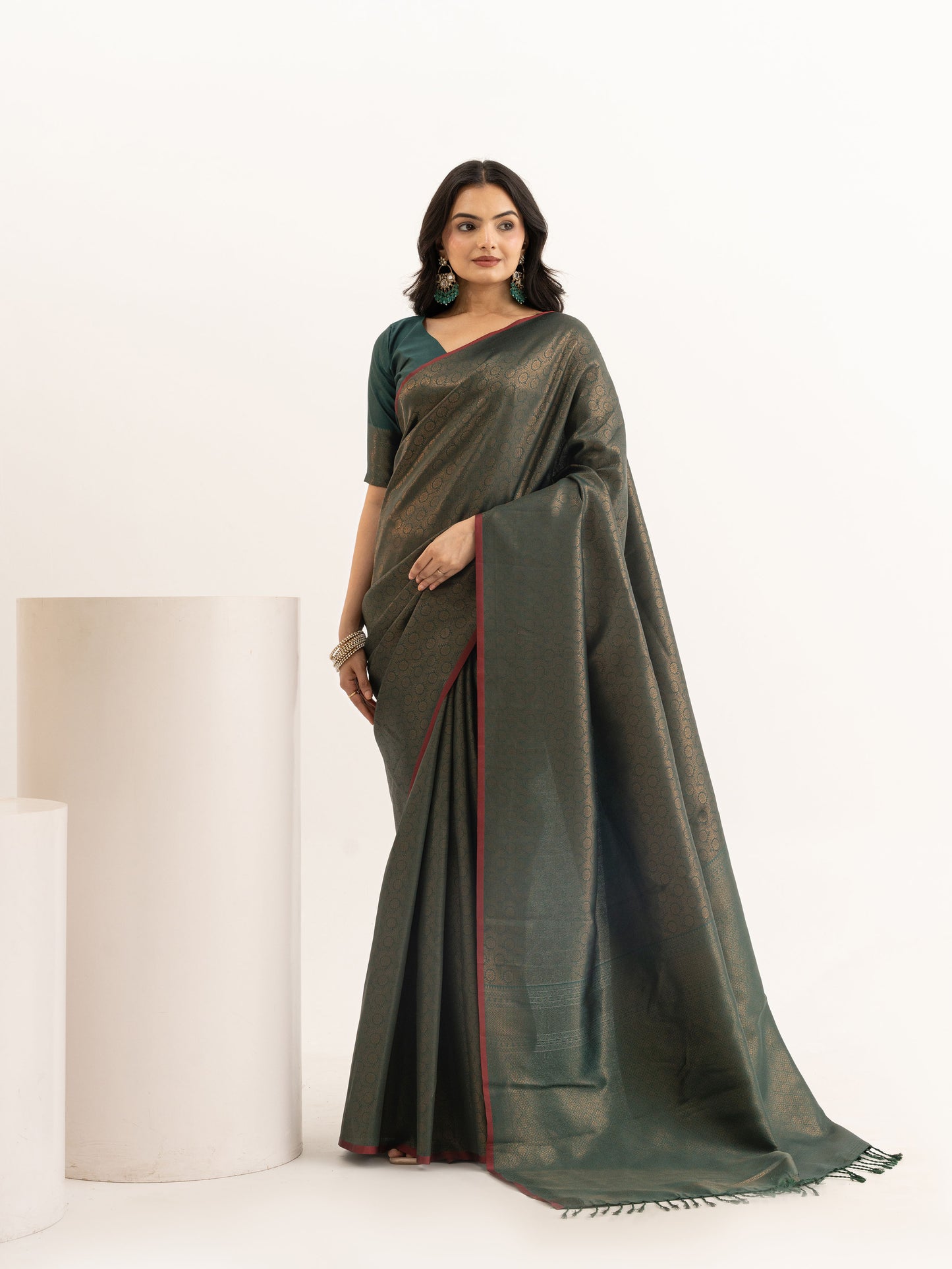 Majestic Dark Olive Green Kanjivaram Silk Saree