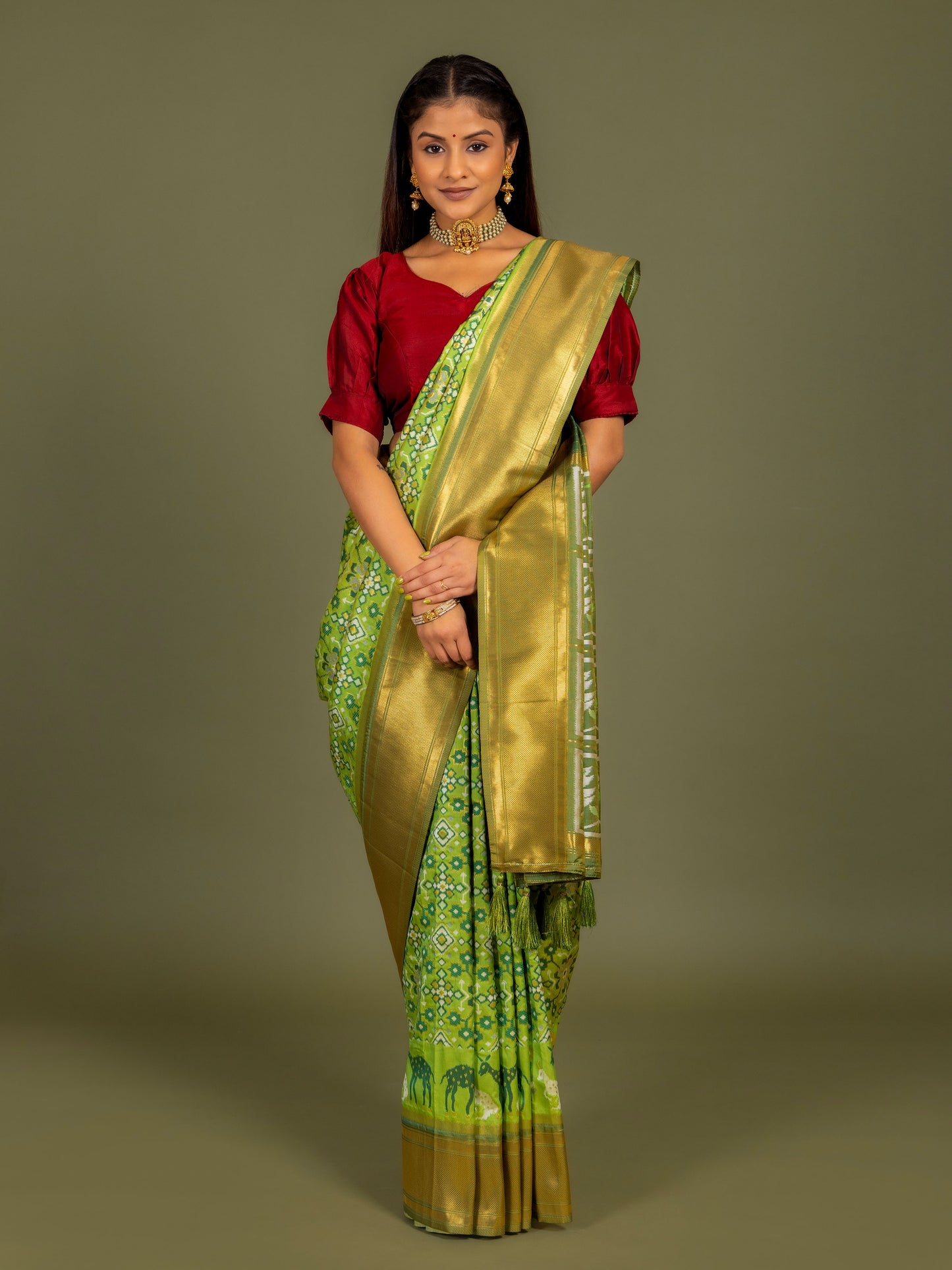 Pista Pochampalli Ikat Silk Saree With Zari Border