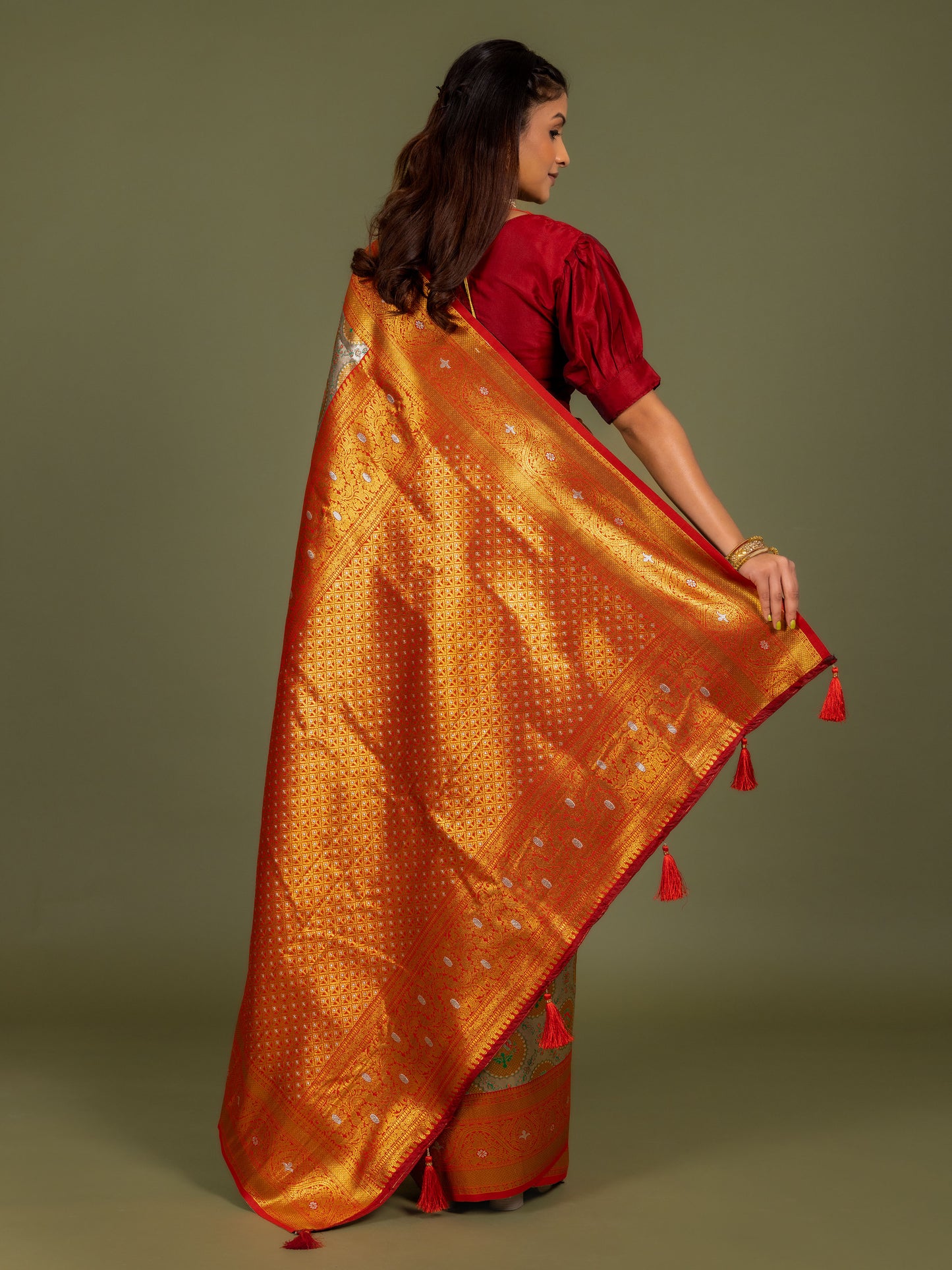 Cantara Orange Dharmavaram Pattu Tissue Silk Zari Weavingn Saree