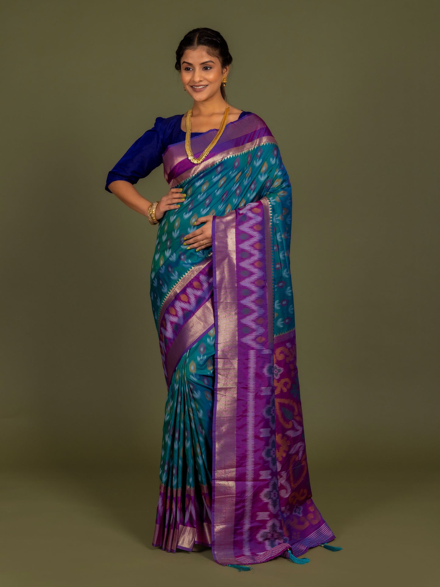 Teal Blue Pochamplli Ikat Silk Saree