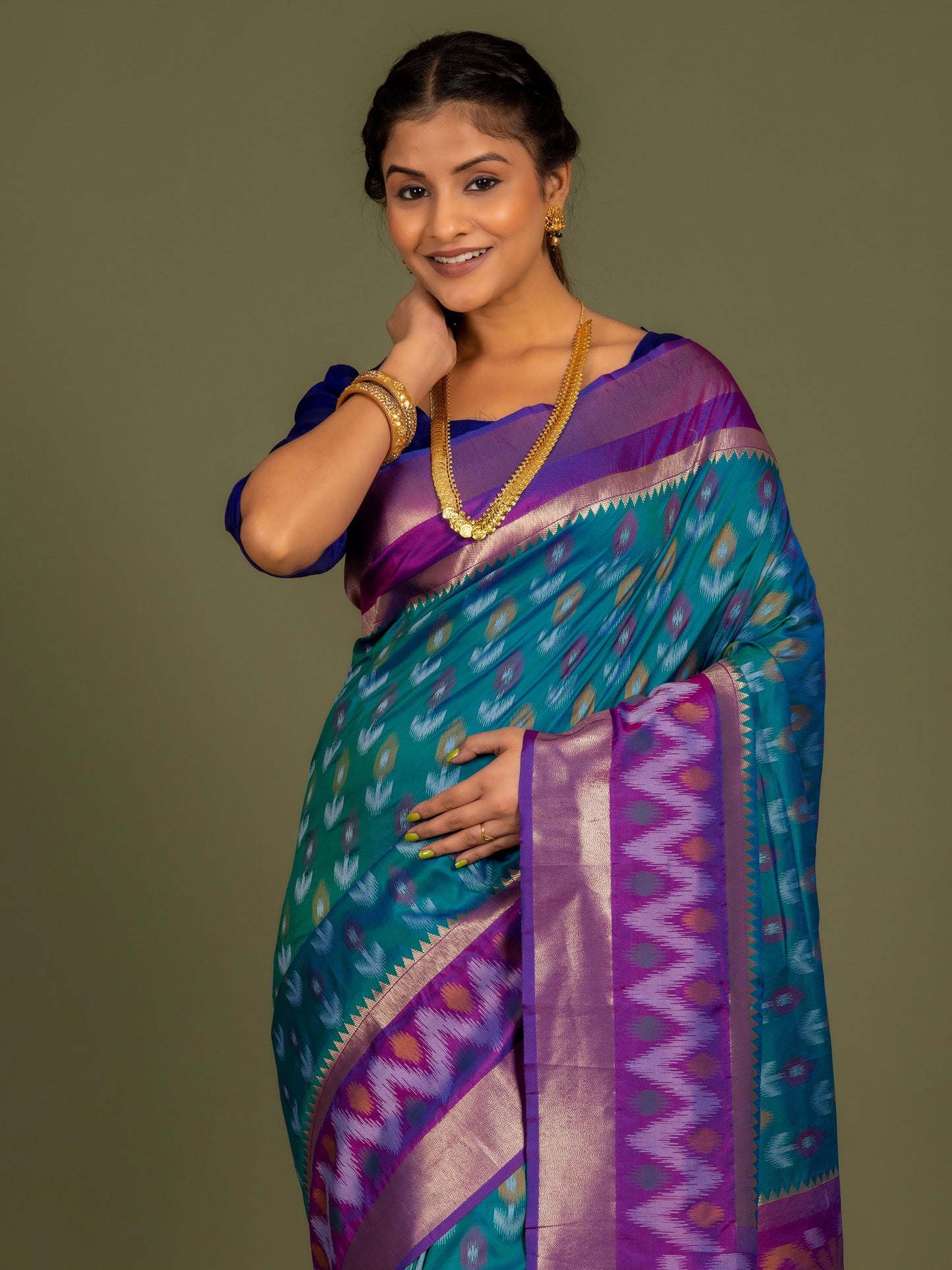 Teal Blue Pochamplli Ikat Silk Saree