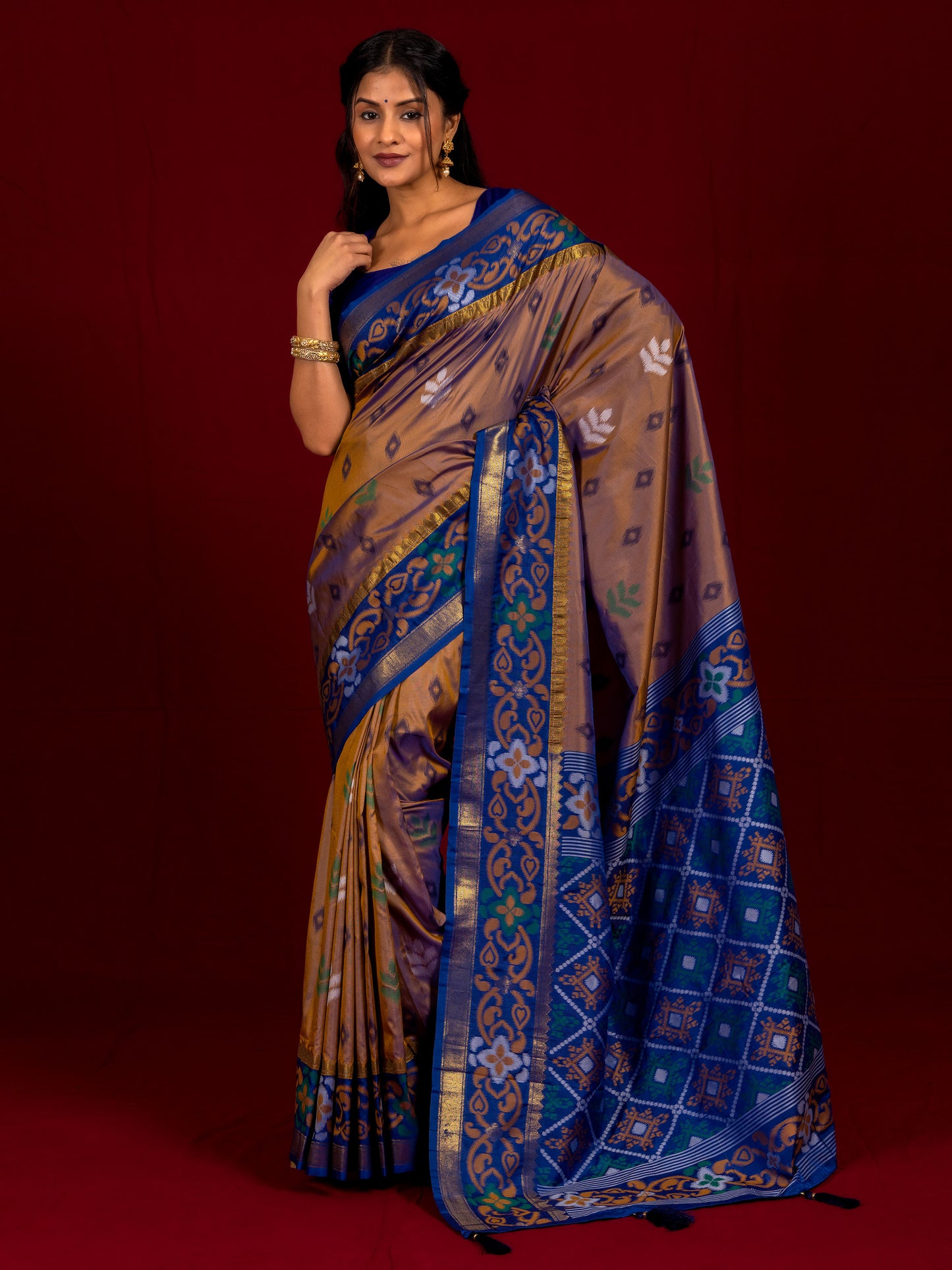 Golden Brown Pochampalli Ikat Silk Saree