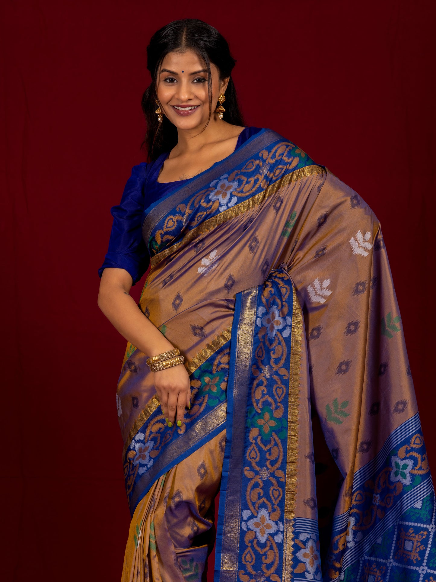 Golden Brown Pochampalli Ikat Silk Saree