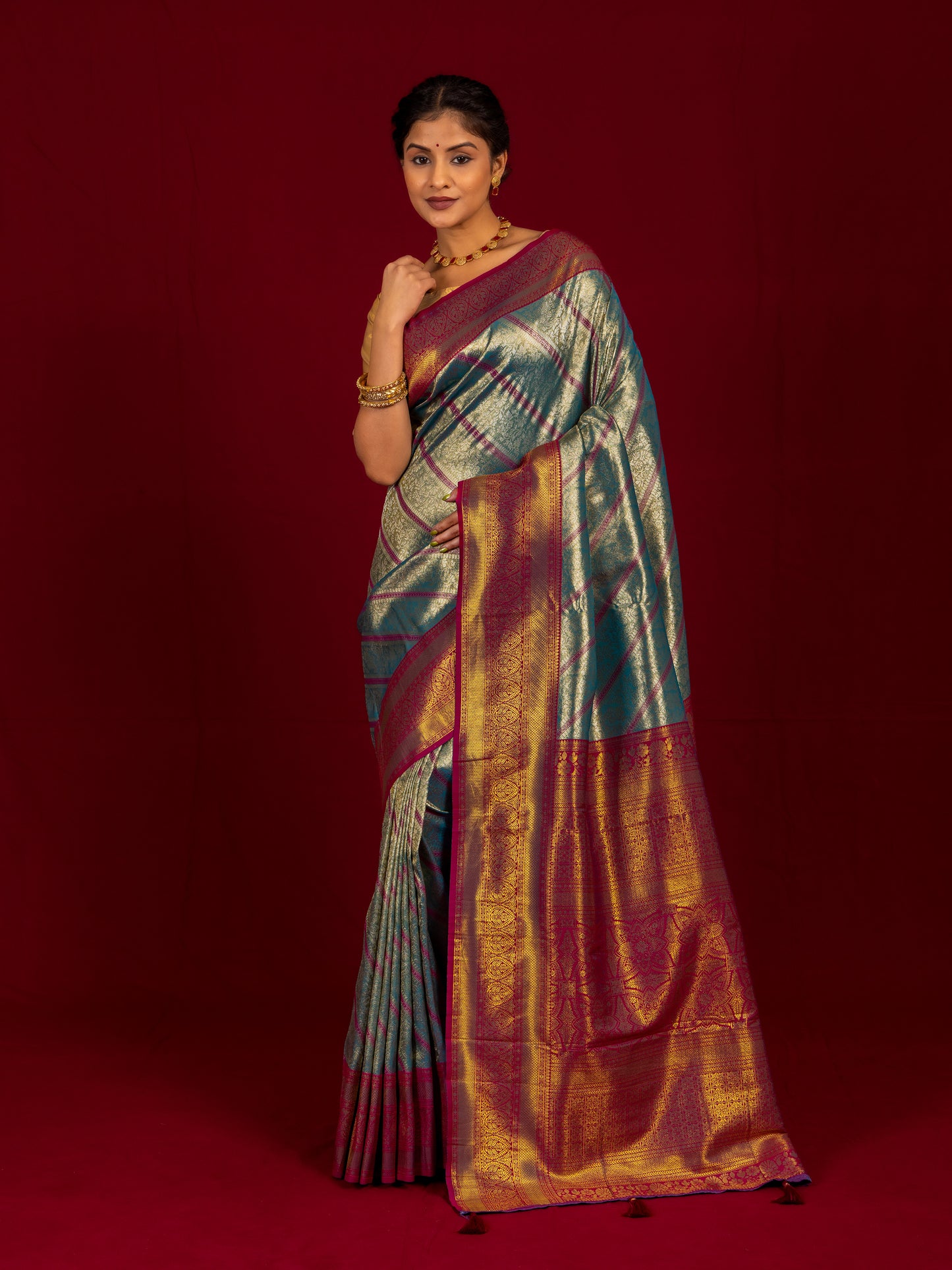 Bristol Blue Zari Woven Kanjivaram Silk Saree