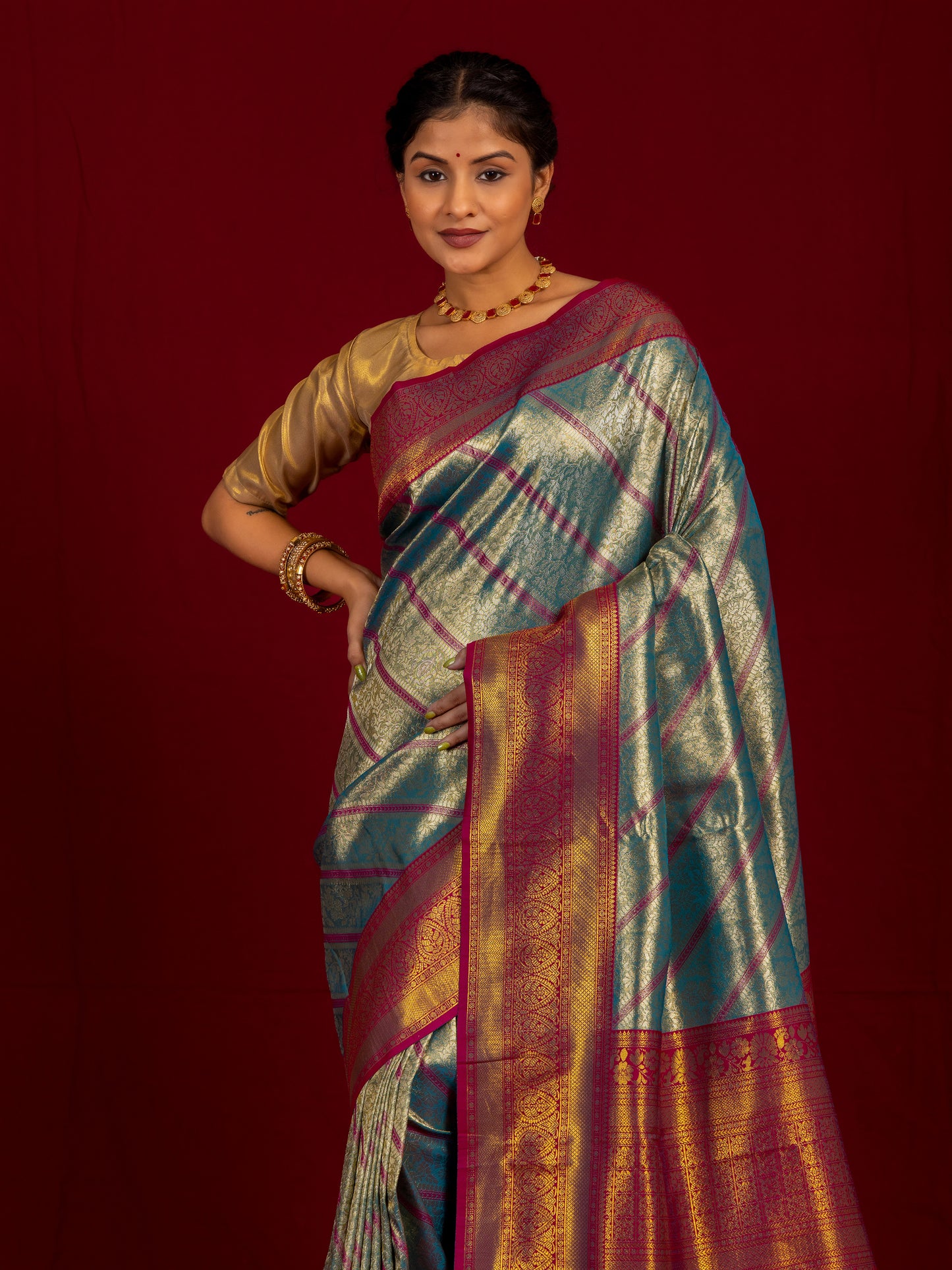 Bristol Blue Zari Woven Kanjivaram Silk Saree