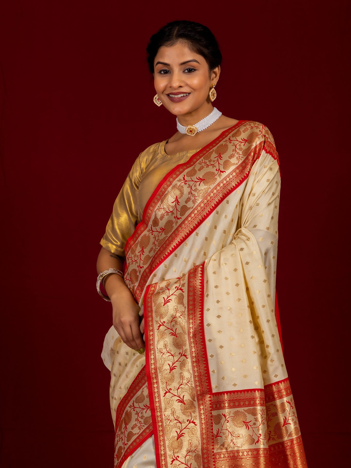Fog Cream Banarasi Katan Silk Saree