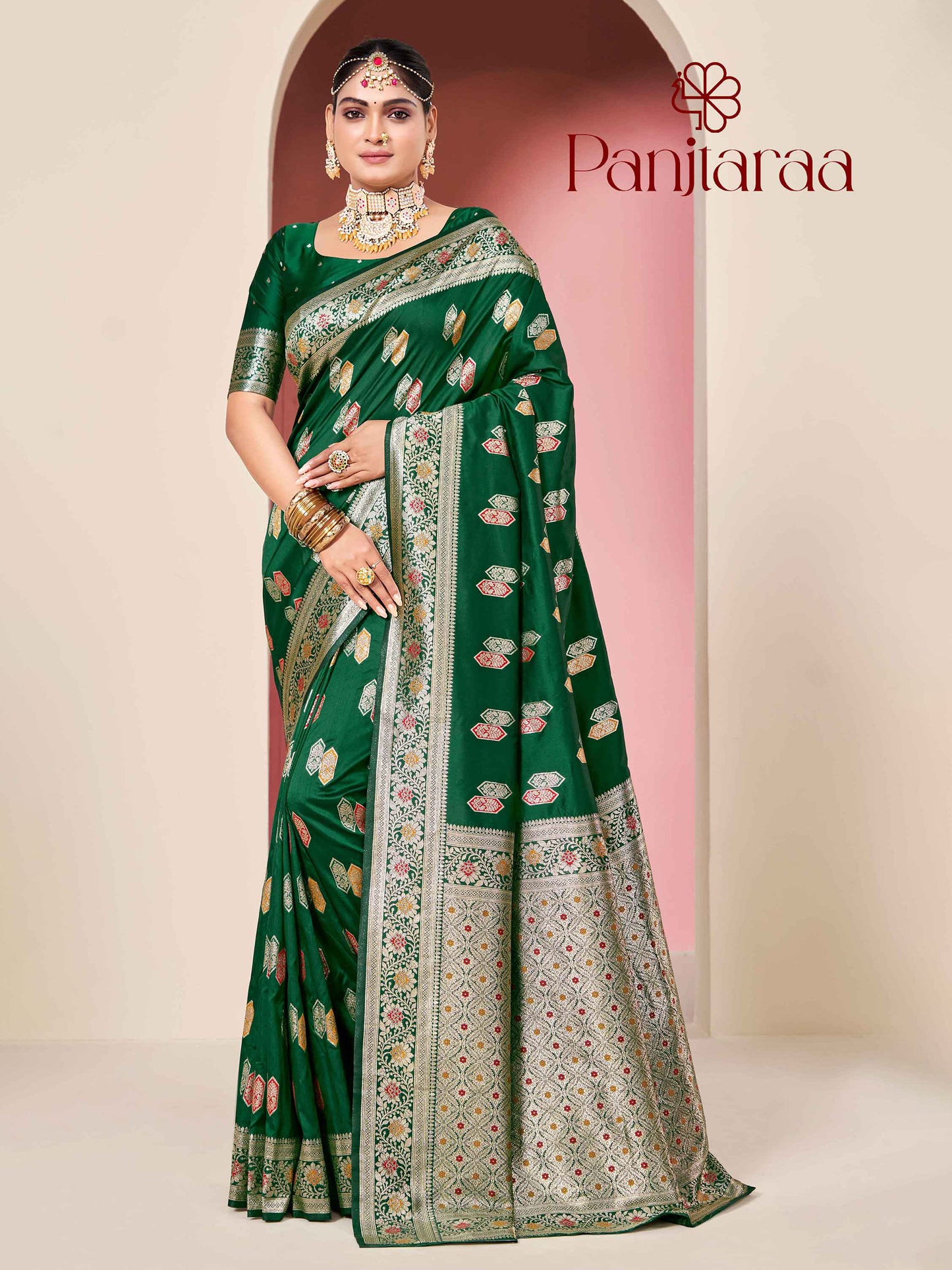Dark Green Banarasi Zari Woven Katan Silk Saree