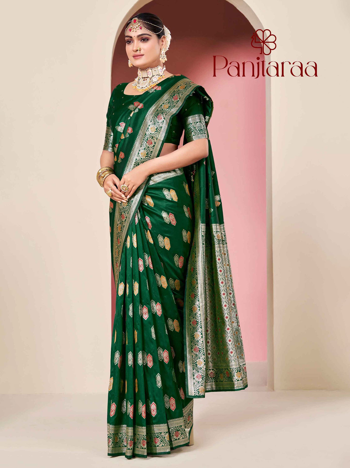Dark Green Banarasi Zari Woven Katan Silk Saree