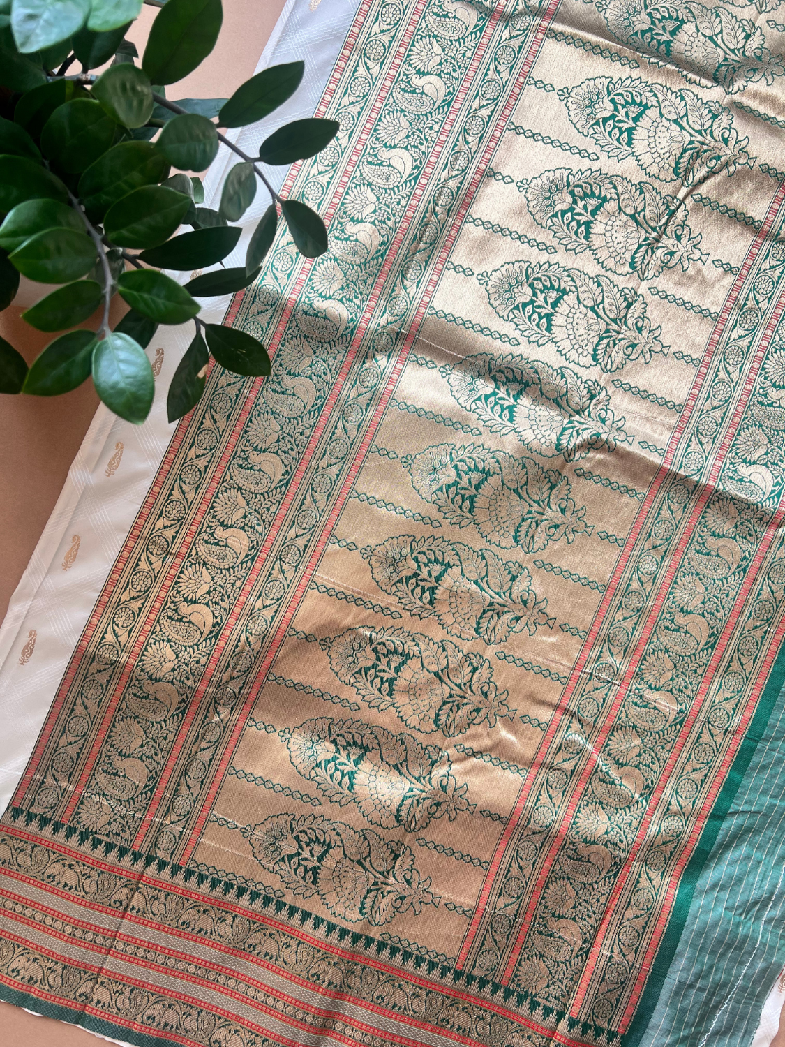 Cream And Green Zari Woven Silk Saree Durga Puja