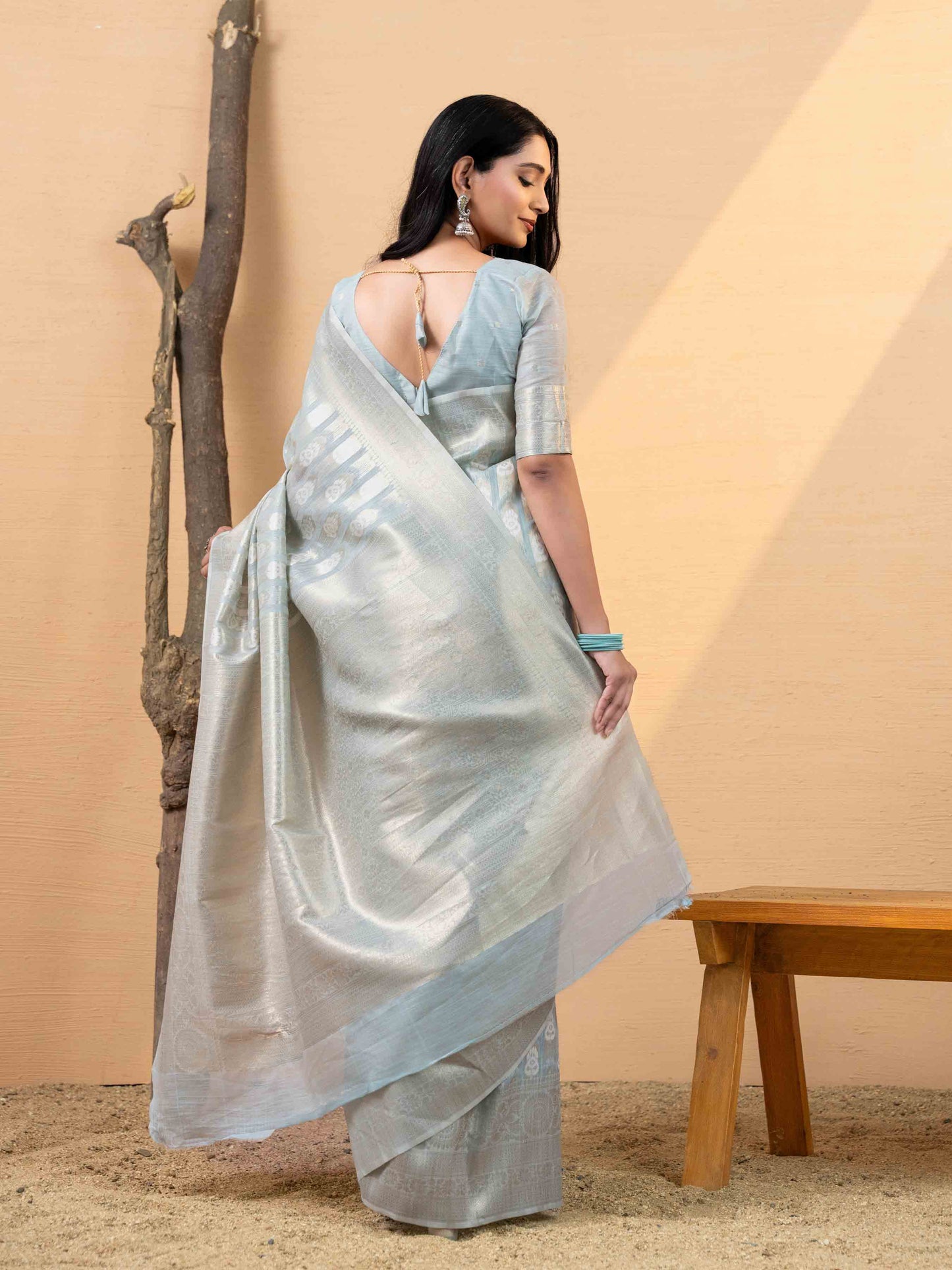 Misty Blue Linen Saree with Silver Zari Accents
