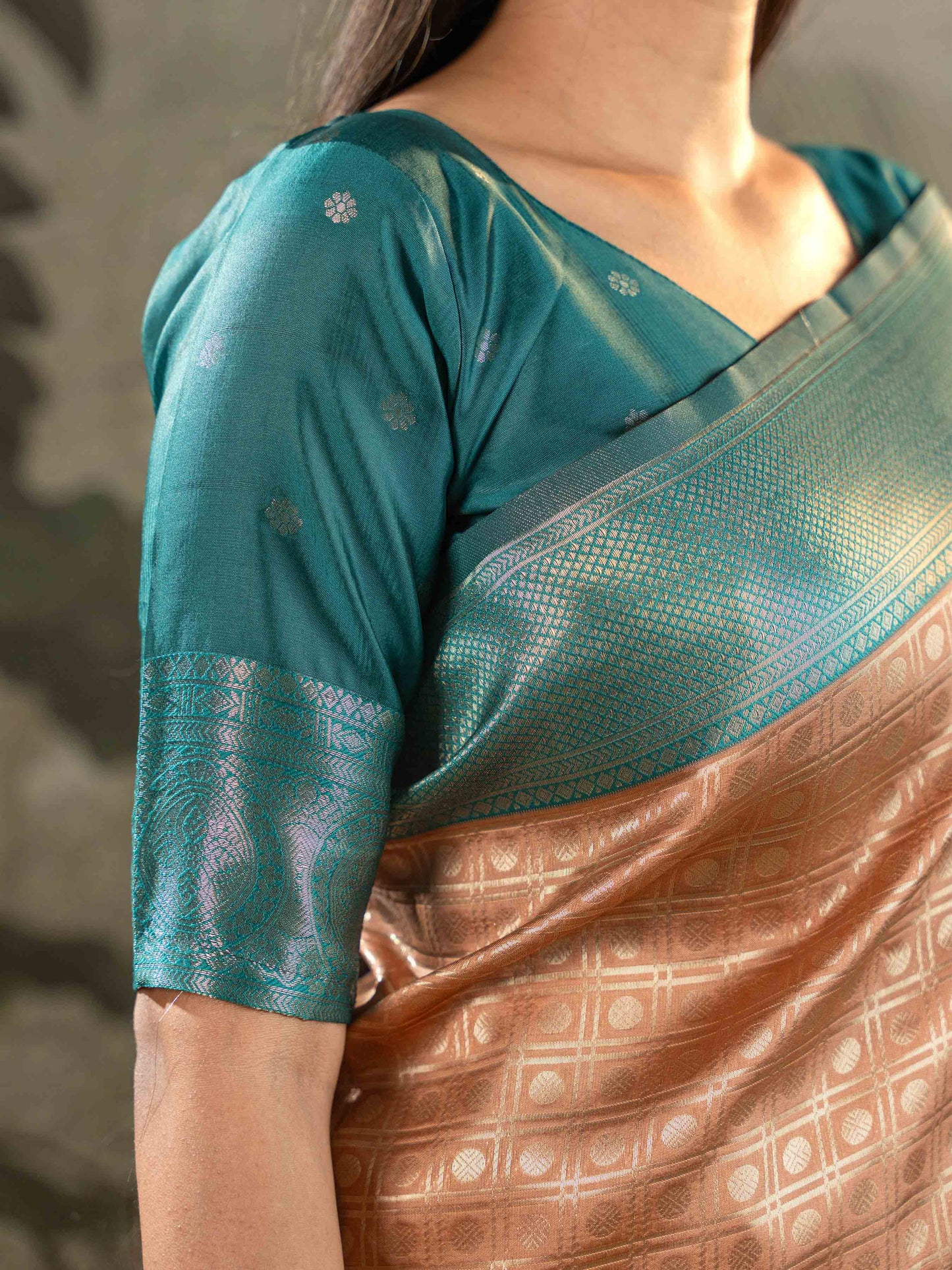 Peach and Teal Green Kanjivaram Silk Saree