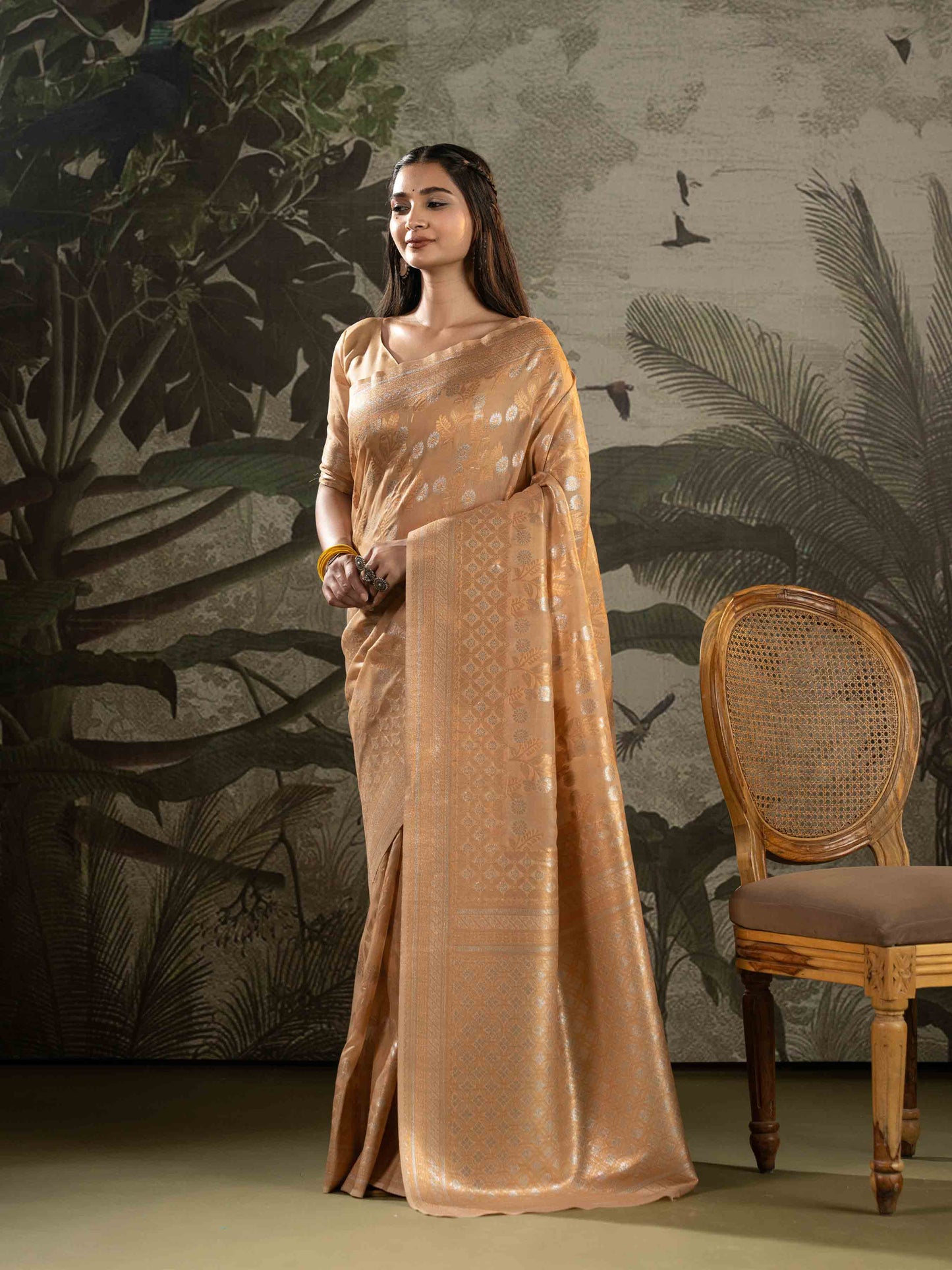 Golden Beige Woven Linen Saree With Silver Zari