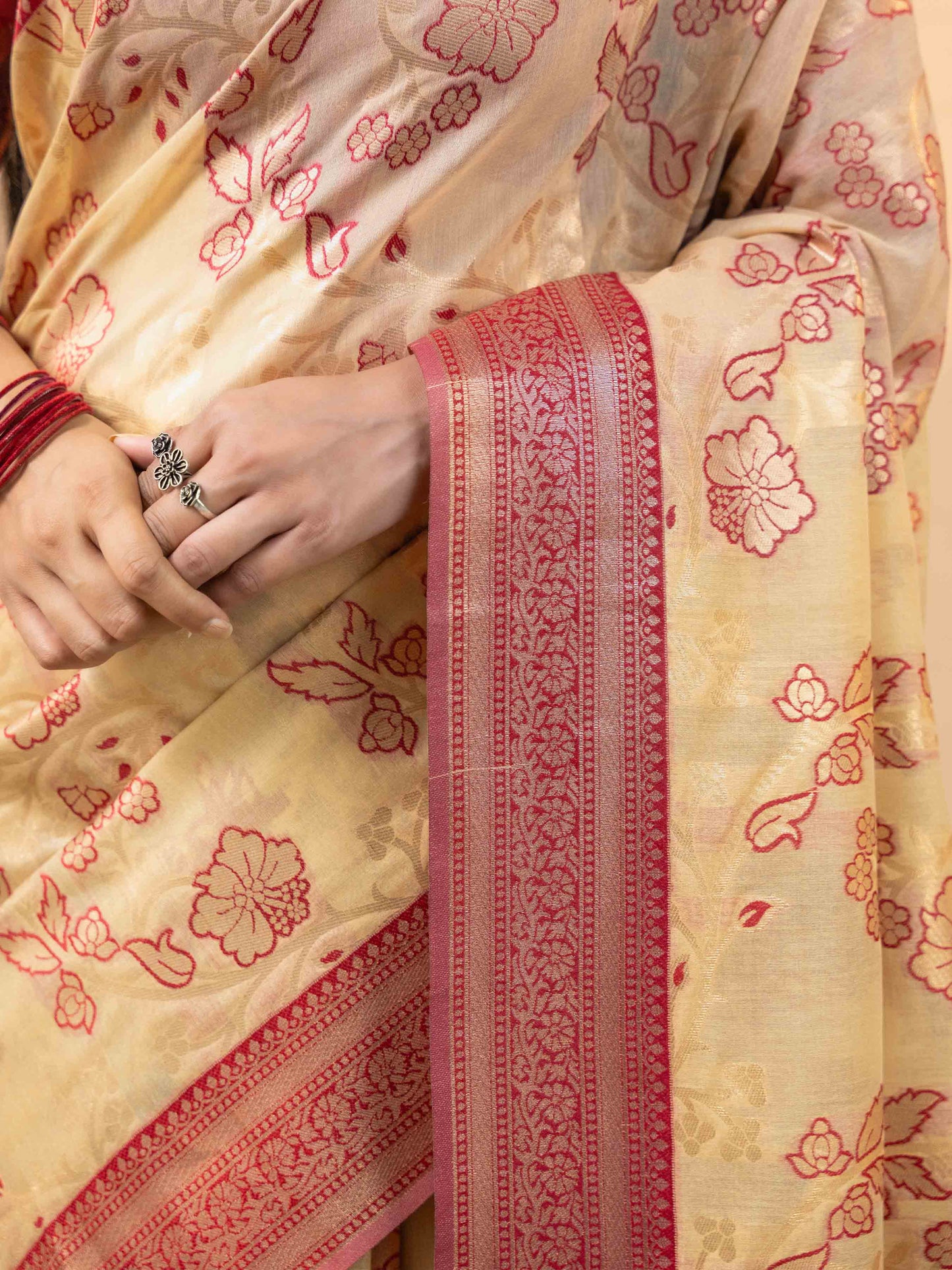 Beige & Rose Pink Woven Linen Saree