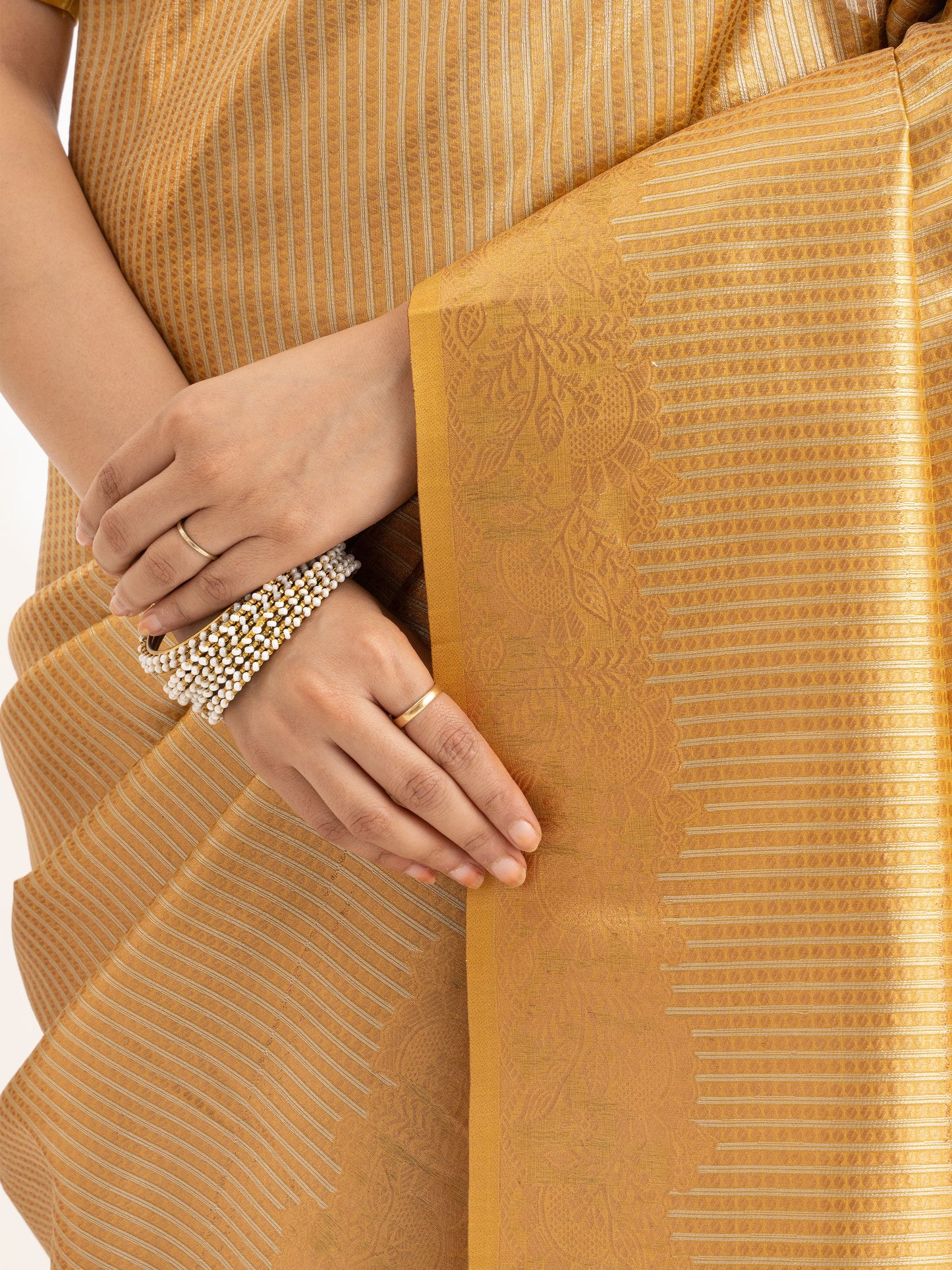 Golden Tissue Silk Saree with Zari Stripes & Brocade Pallu