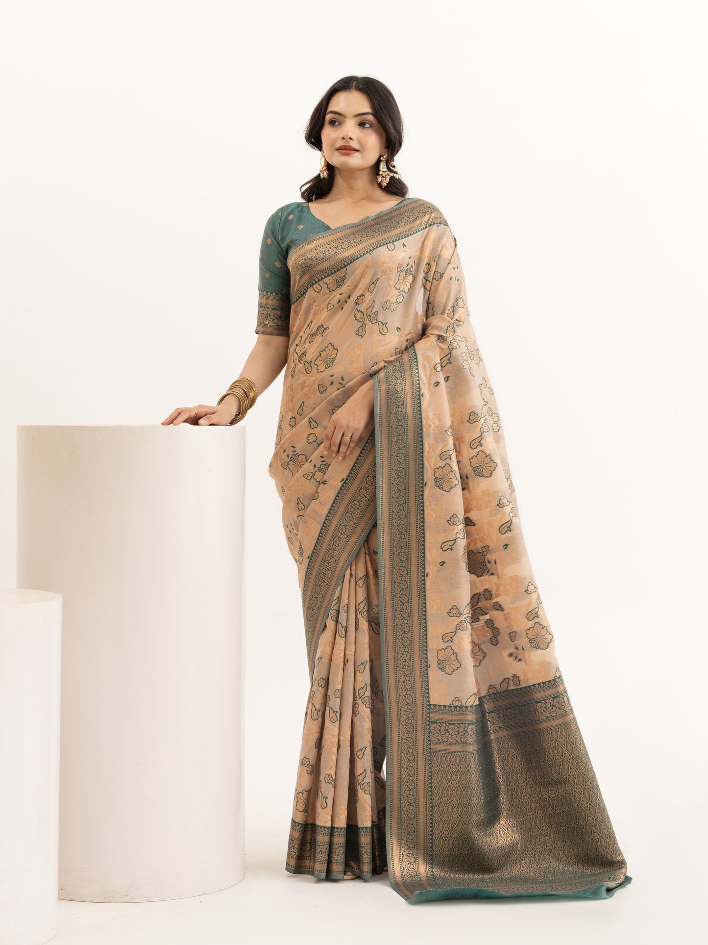 Beige & Teal Green Woven Linen Saree