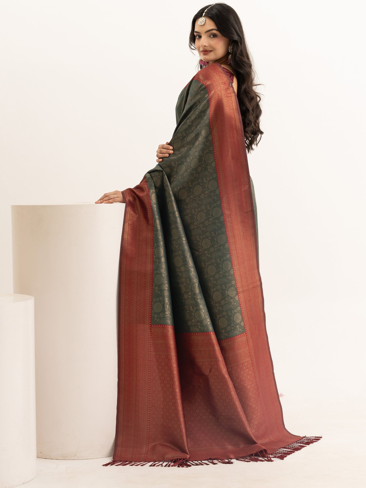 Bottle Kanjivaram Silk Saree with Floral Zari Weave