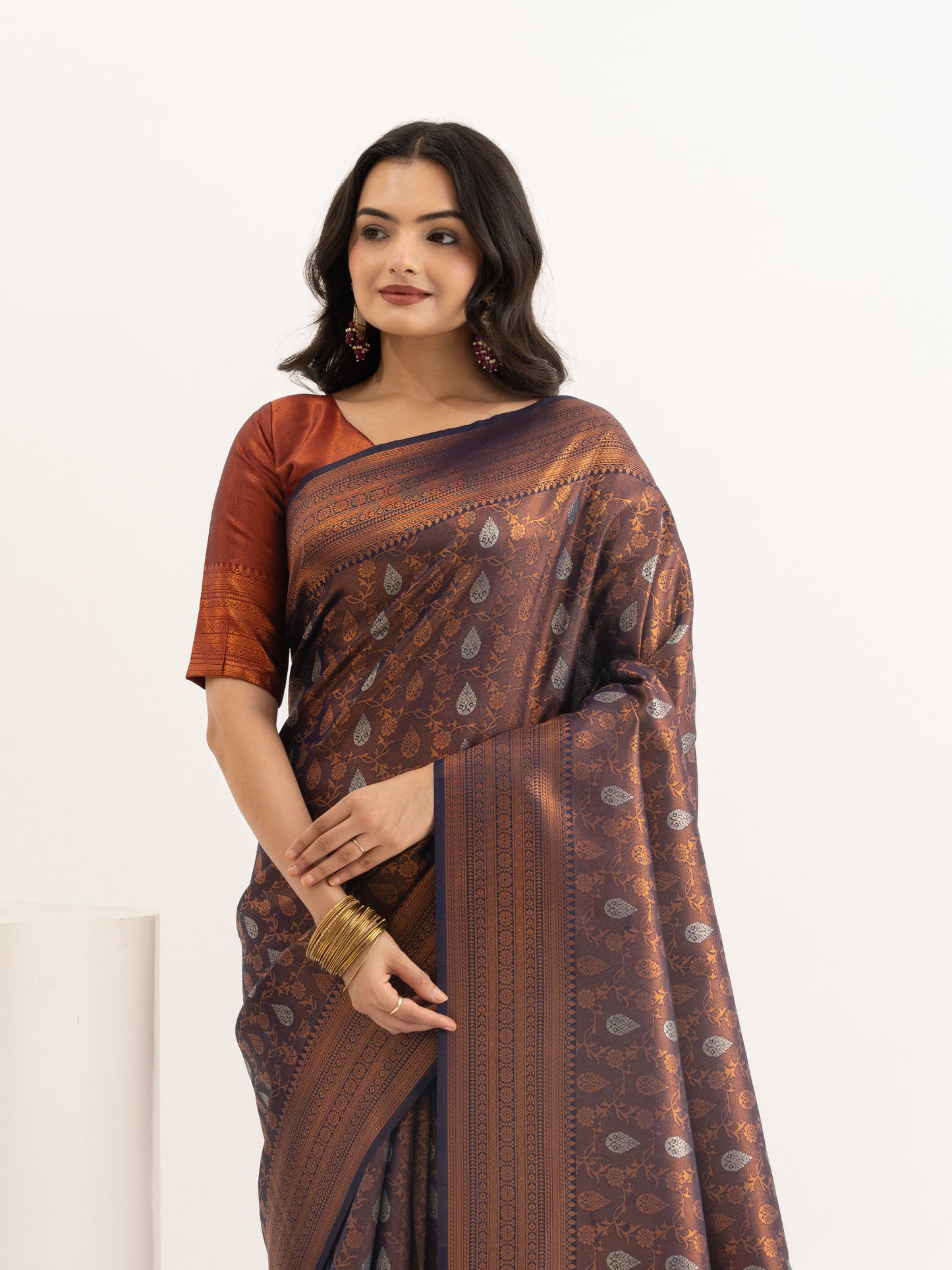 Regal Brown Kanjivaram Silk Saree with Silver Motifs