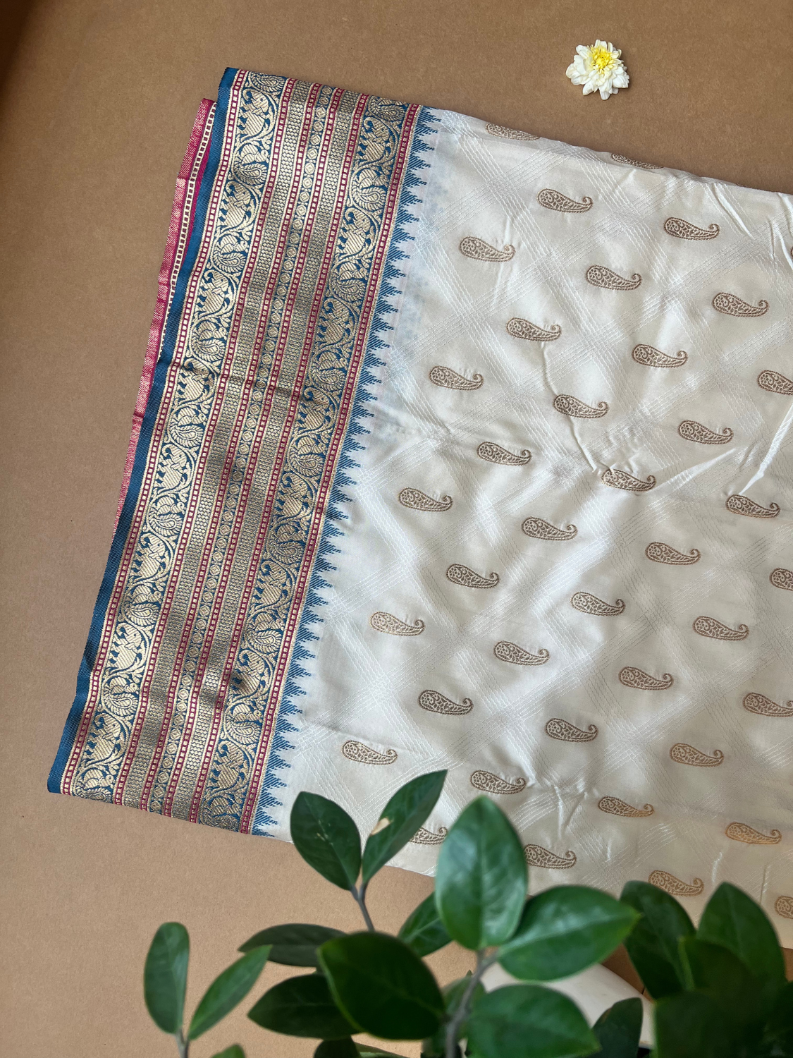 White Paisley Butta Woven Silk Saree with Blue-Red Temple Border