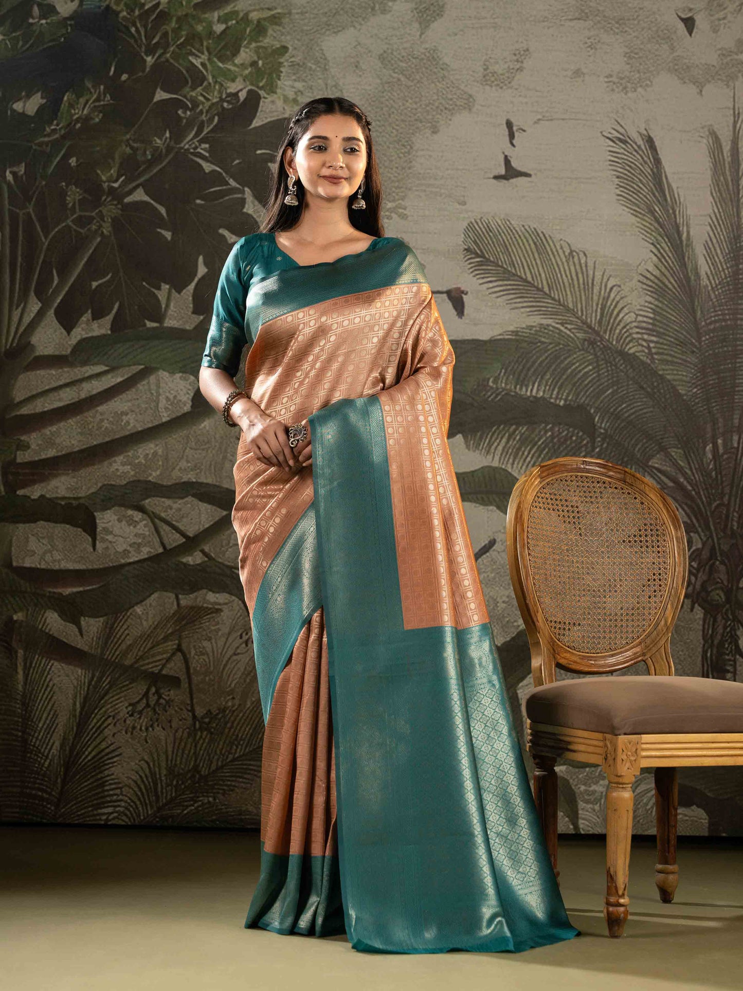 Peach and Teal Green Kanjivaram Silk Saree