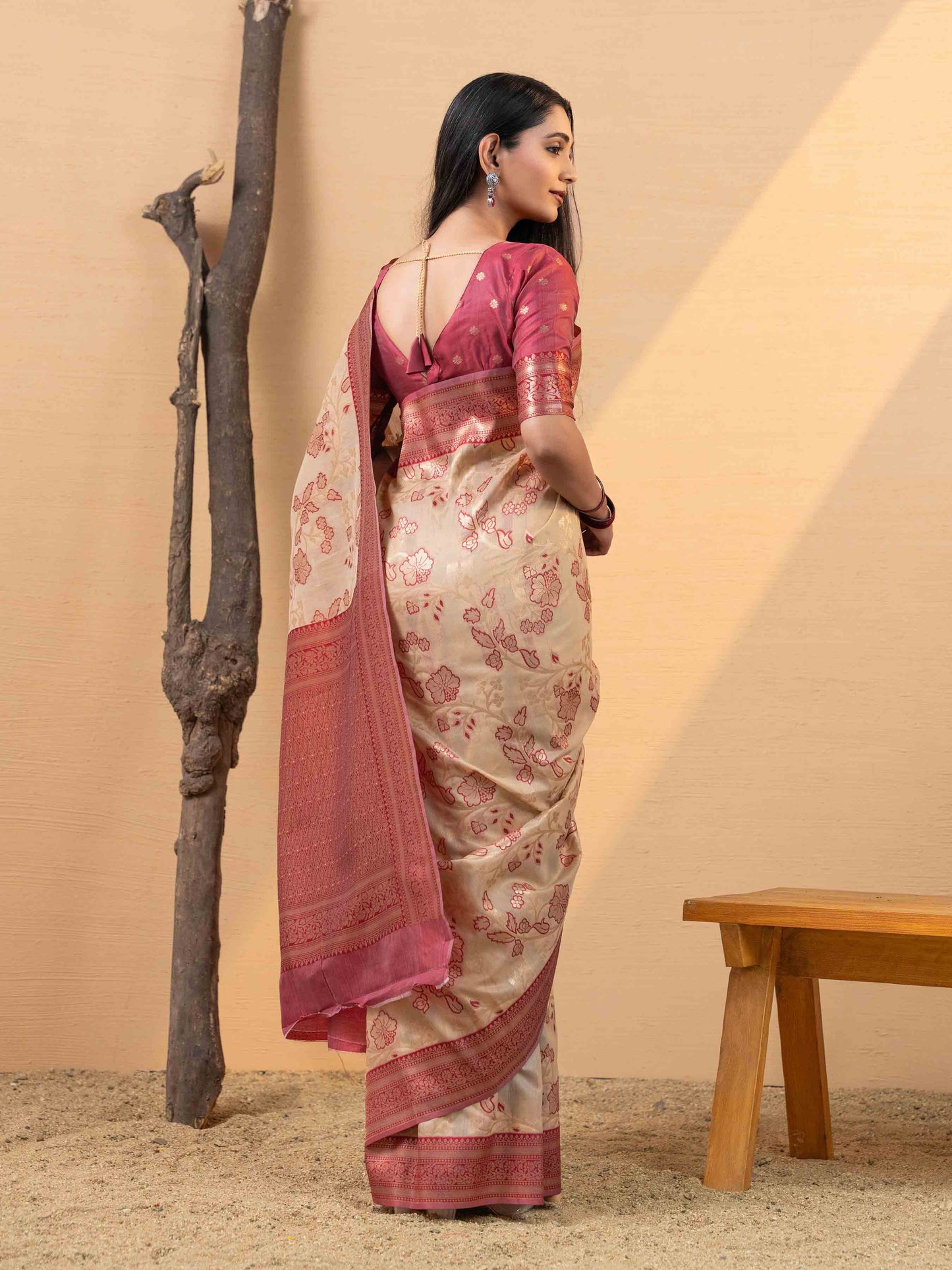 Beige & Rose Pink Woven Linen Saree