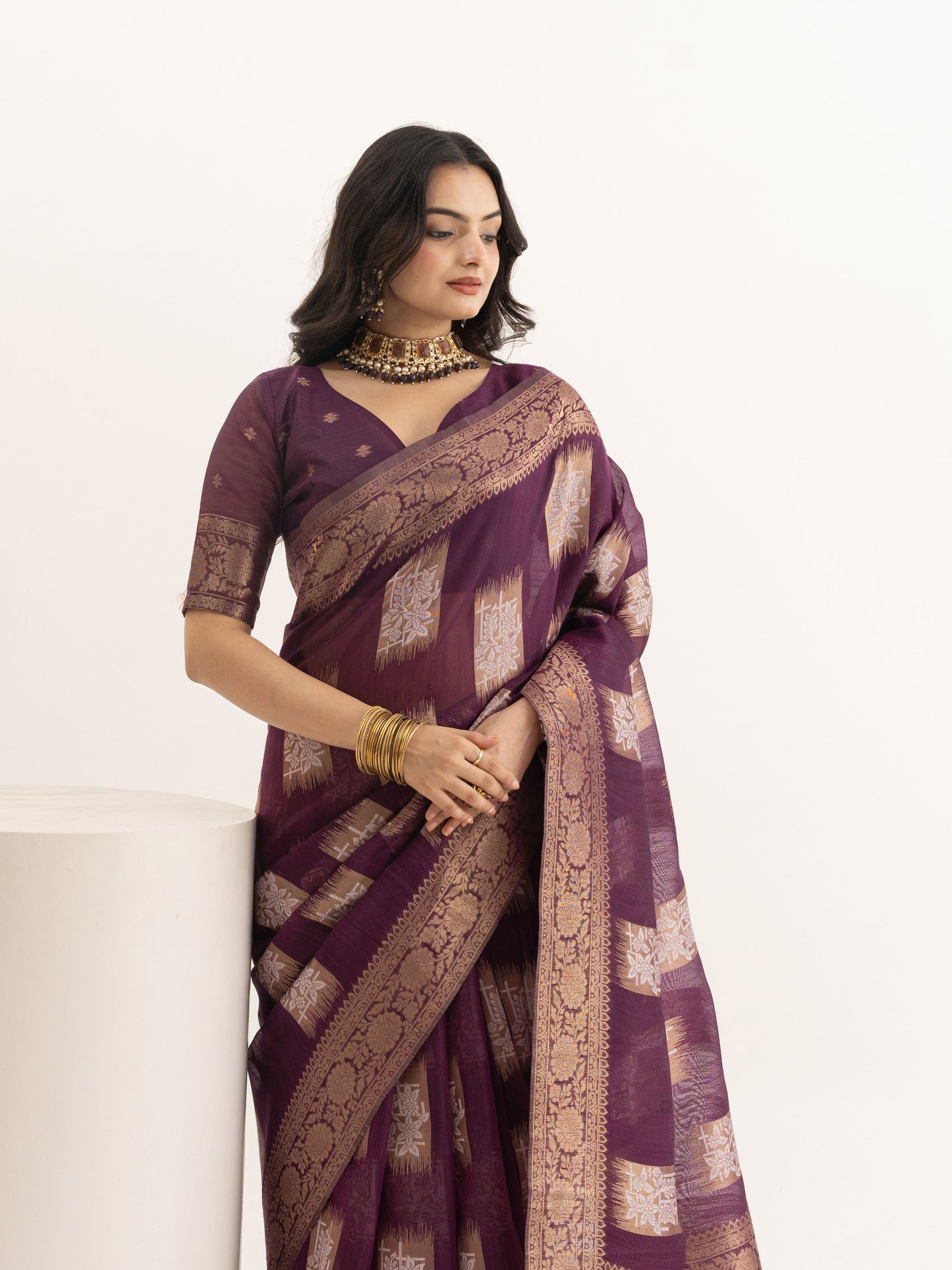 Opulent Plum Zari-Woven Linen Saree