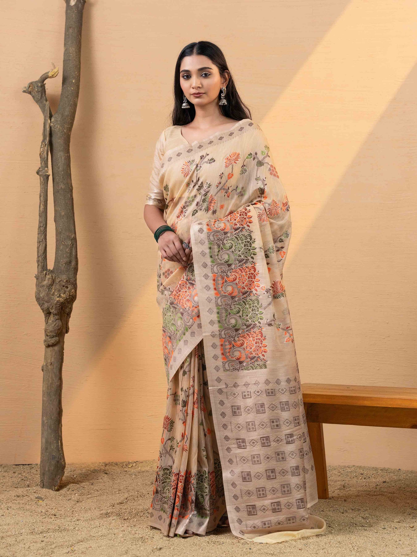 Beige With Multicolour Floral Linen Saree