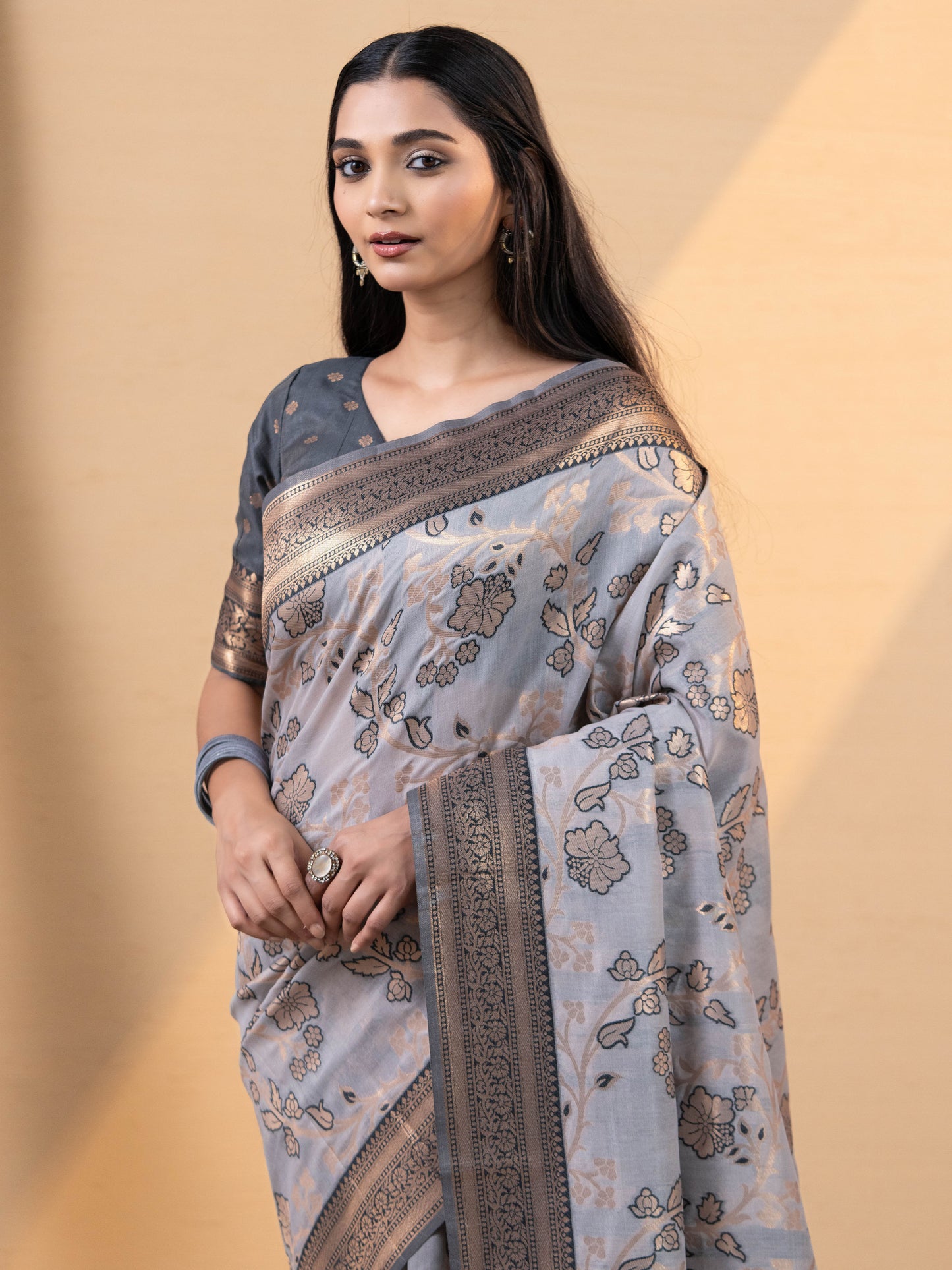 Grey and Black Linen Woven Saree