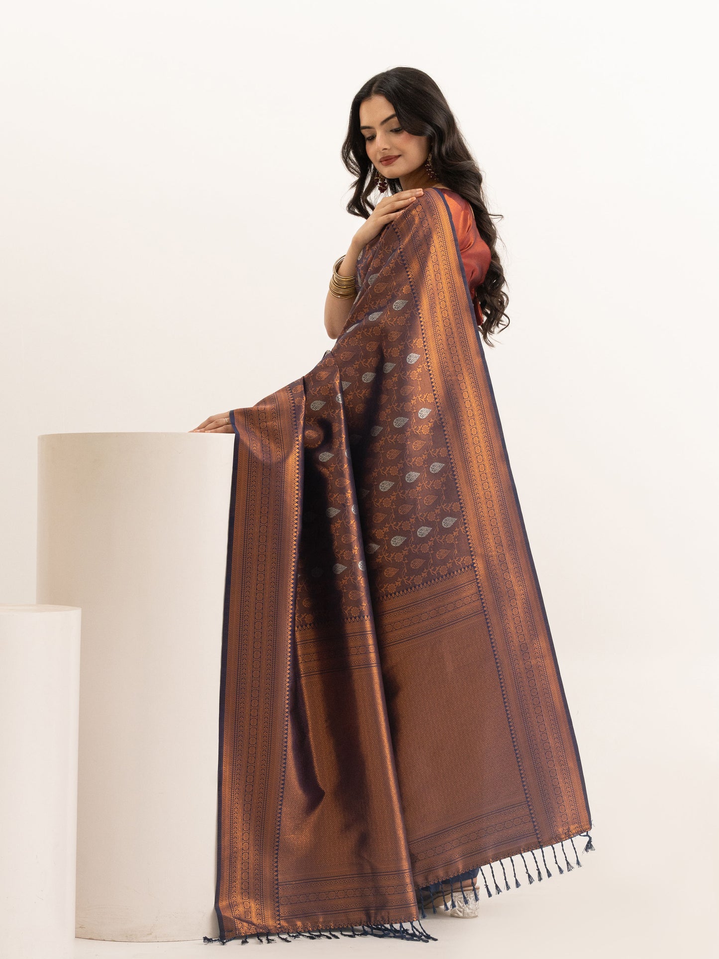 Regal Brown Kanjivaram Silk Saree with Silver Motifs