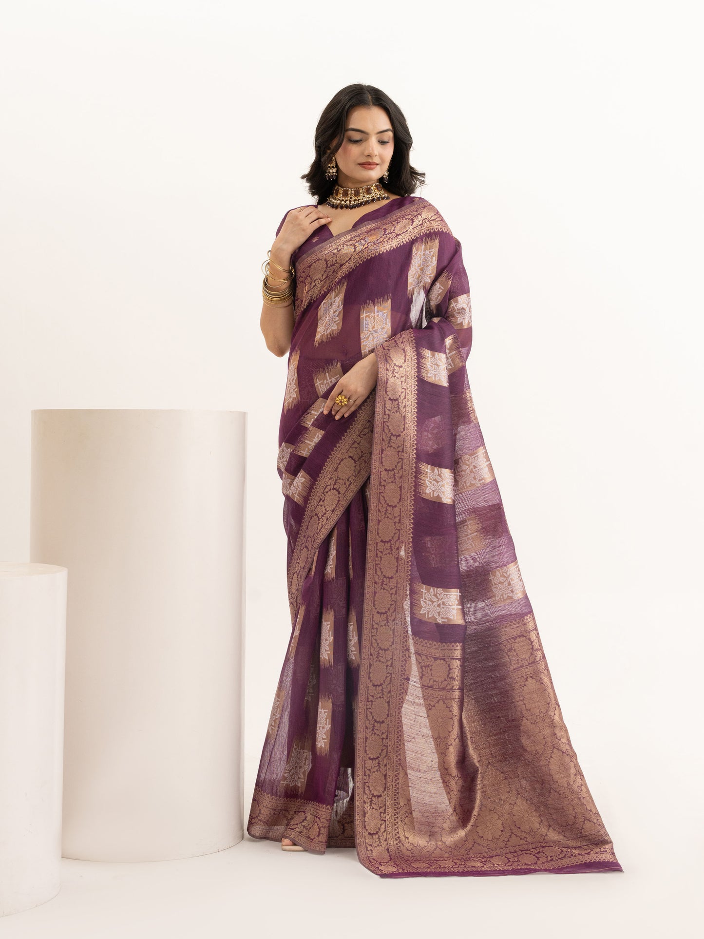 Opulent Plum Zari-Woven Linen Saree