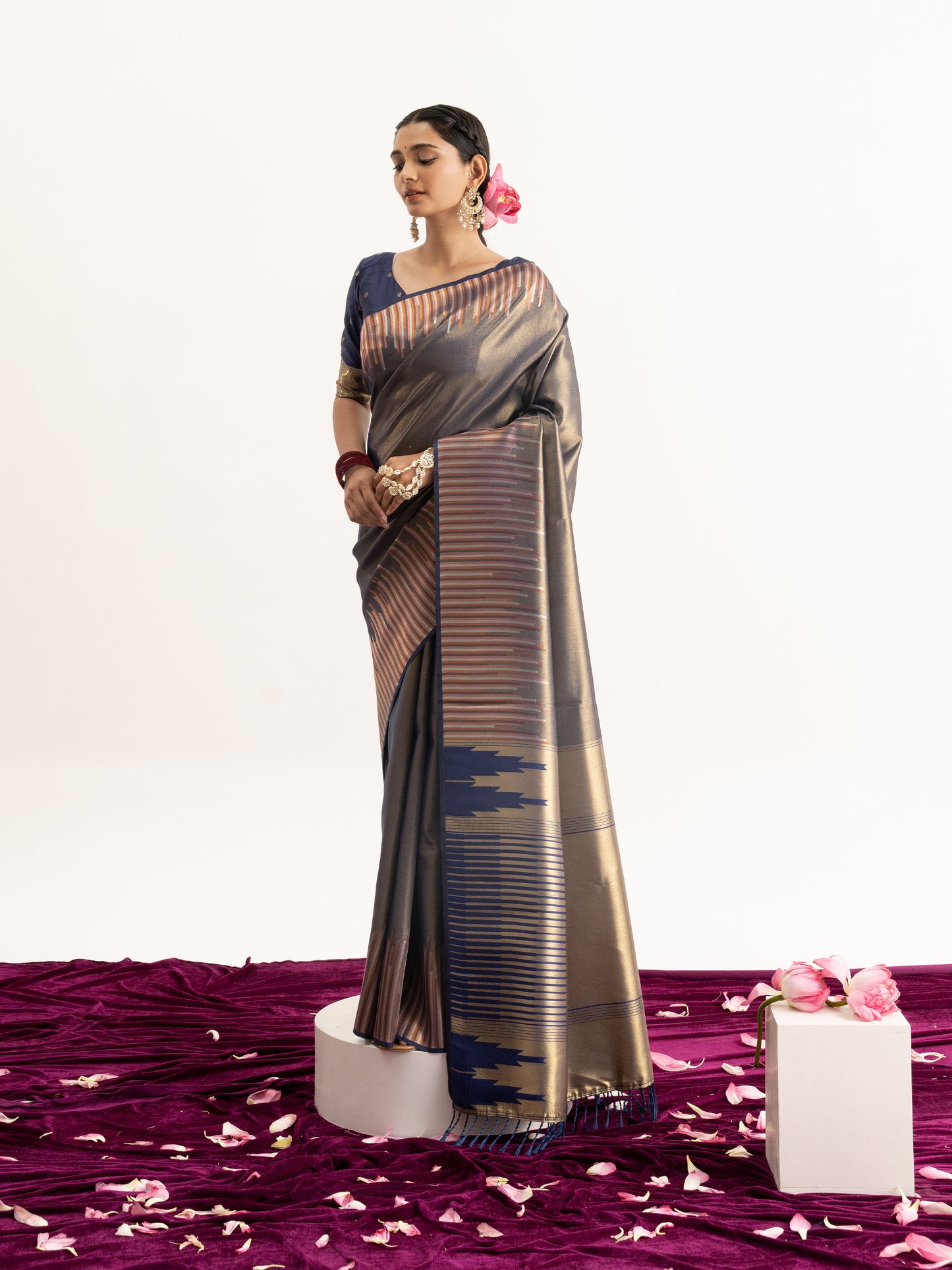 Navy Tissue Silk Saree with Striped Harmony