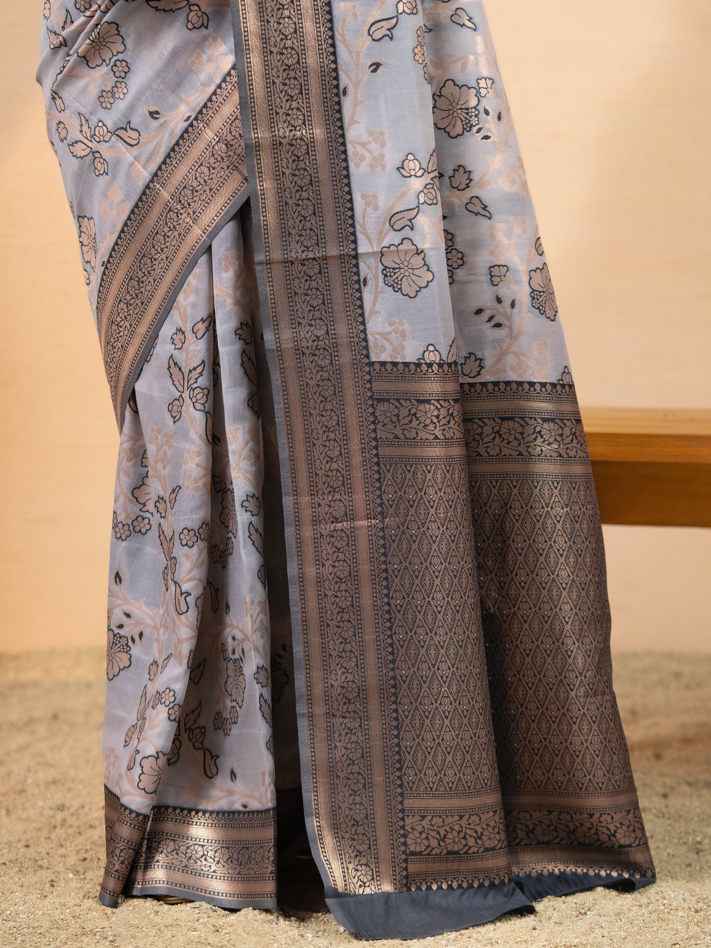 Grey and Black Linen Woven Saree