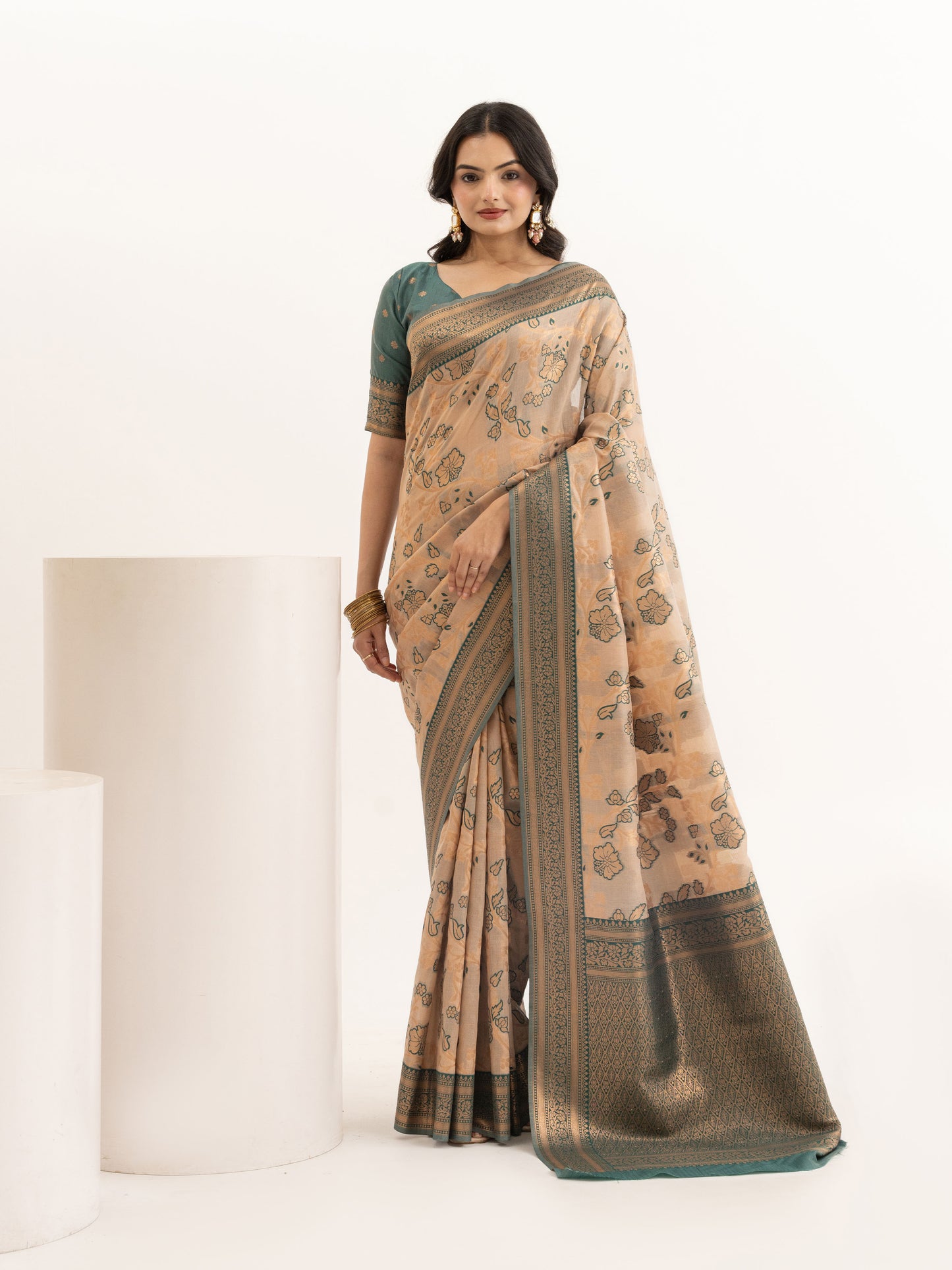Beige & Teal Green Woven Linen Saree