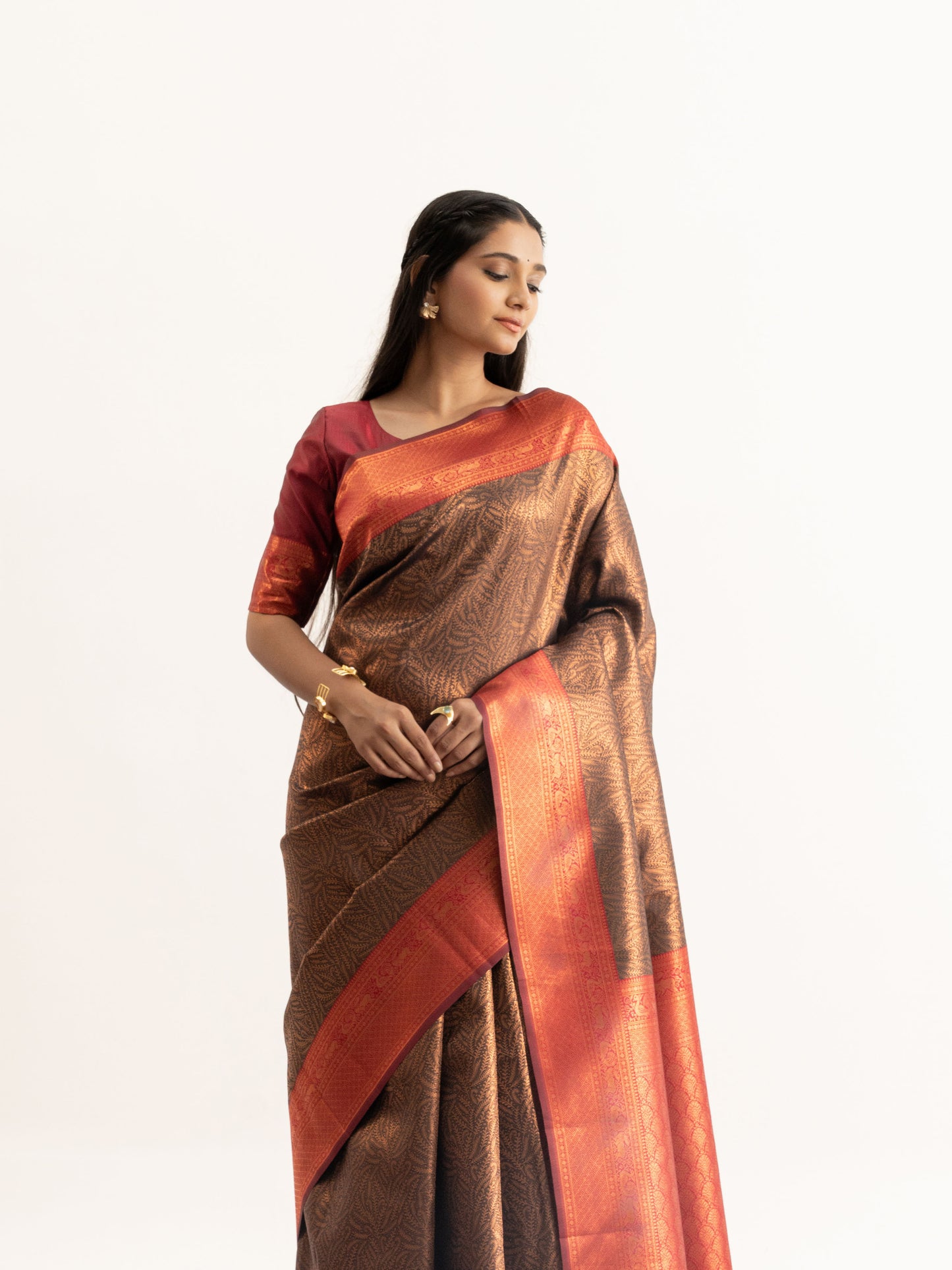 Traditional Copper Brown & Maroon Kanjivaram Silk Saree
