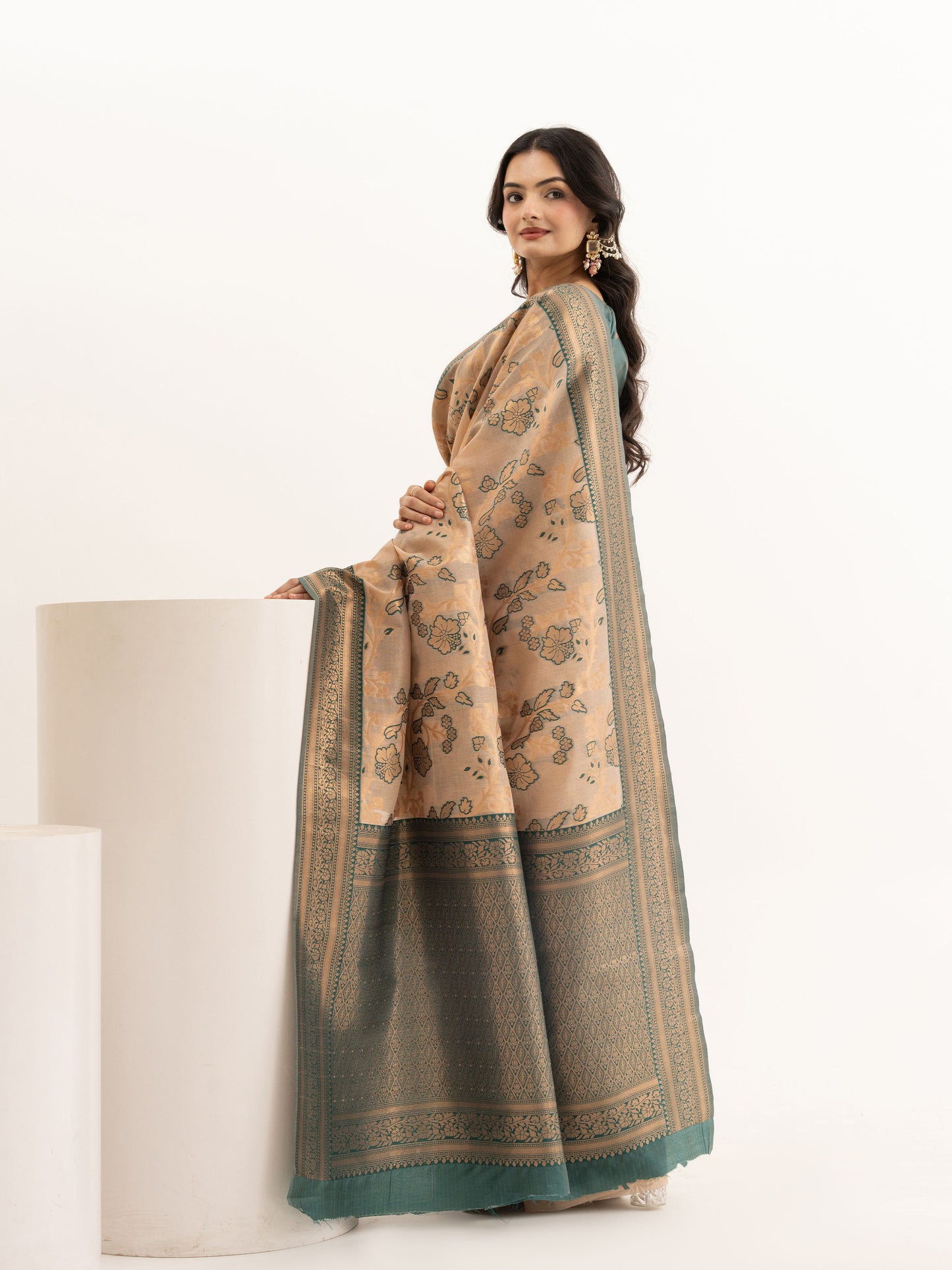 Beige & Teal Green Woven Linen Saree