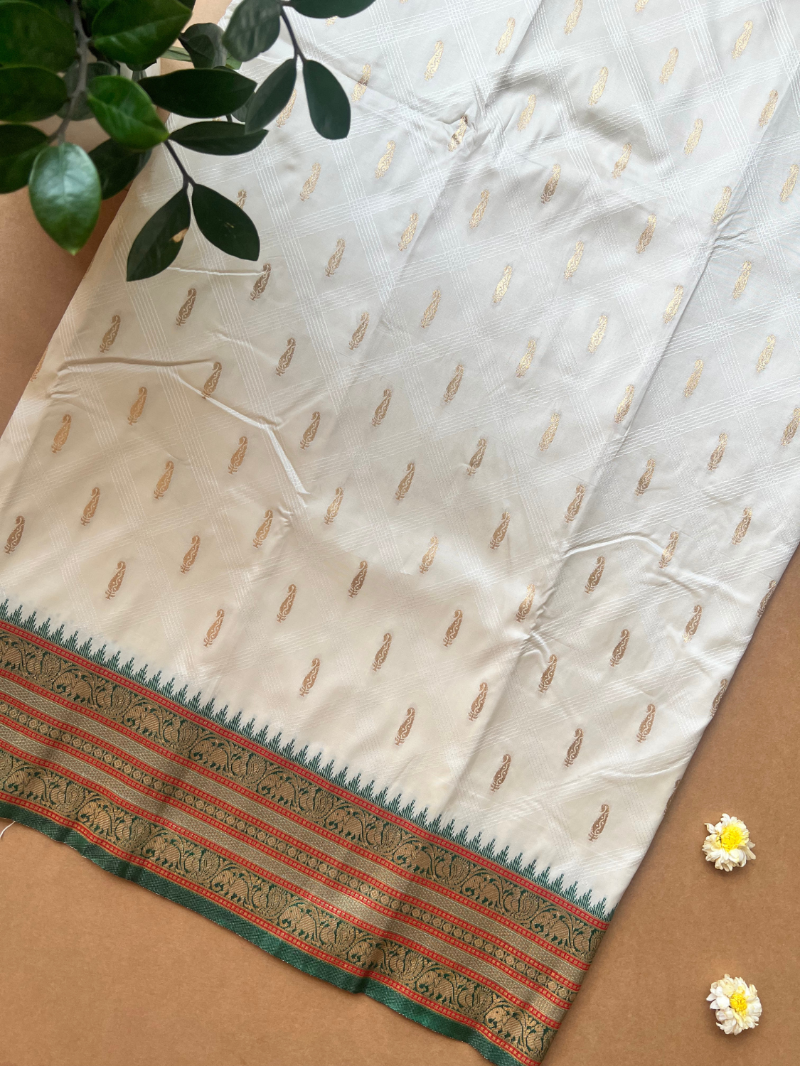 Cream And Green Zari Woven Silk Saree Durga Puja