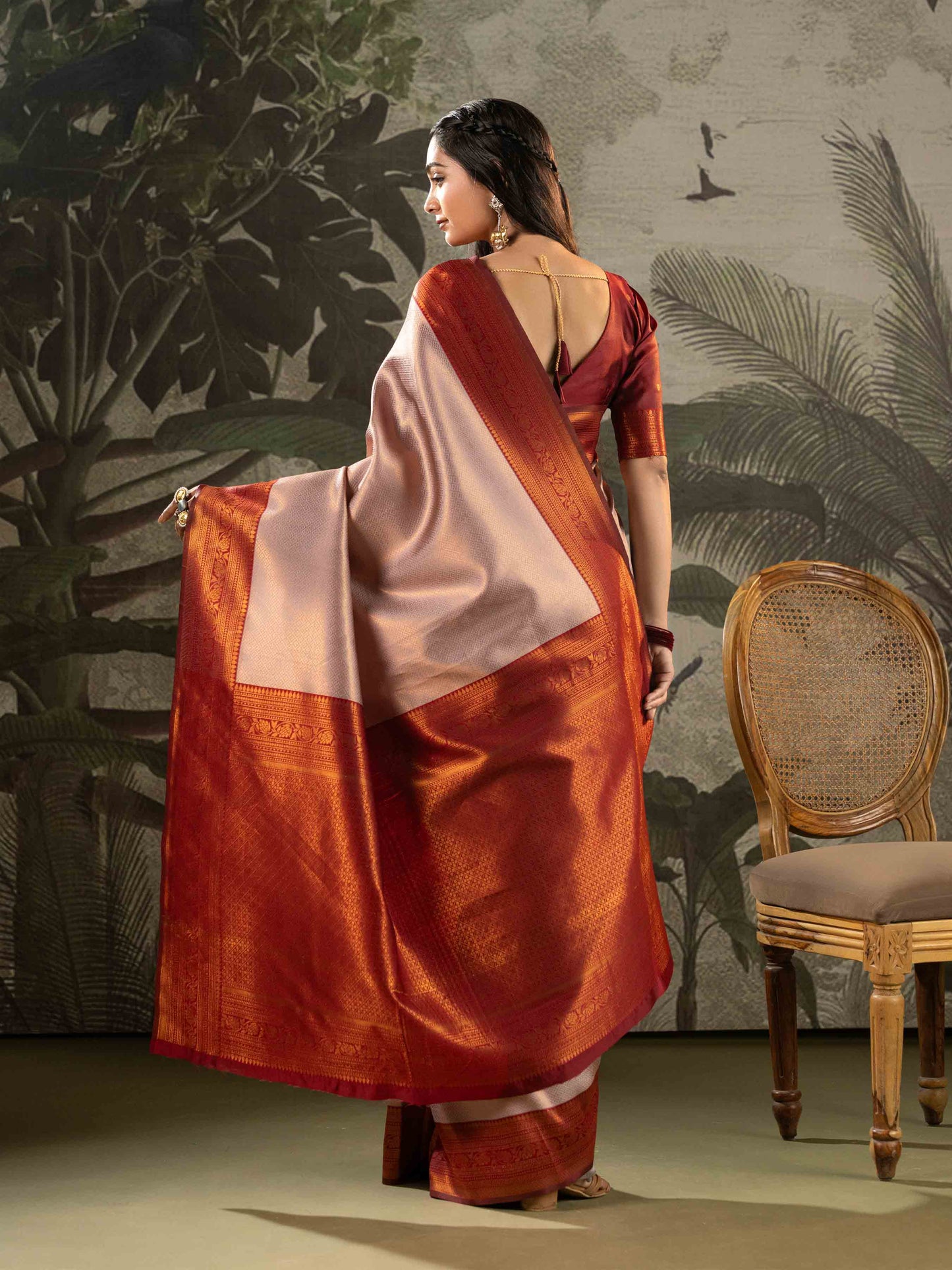 Antique Rose with Vermilion Red Zari Woven Kanjivaram Saree