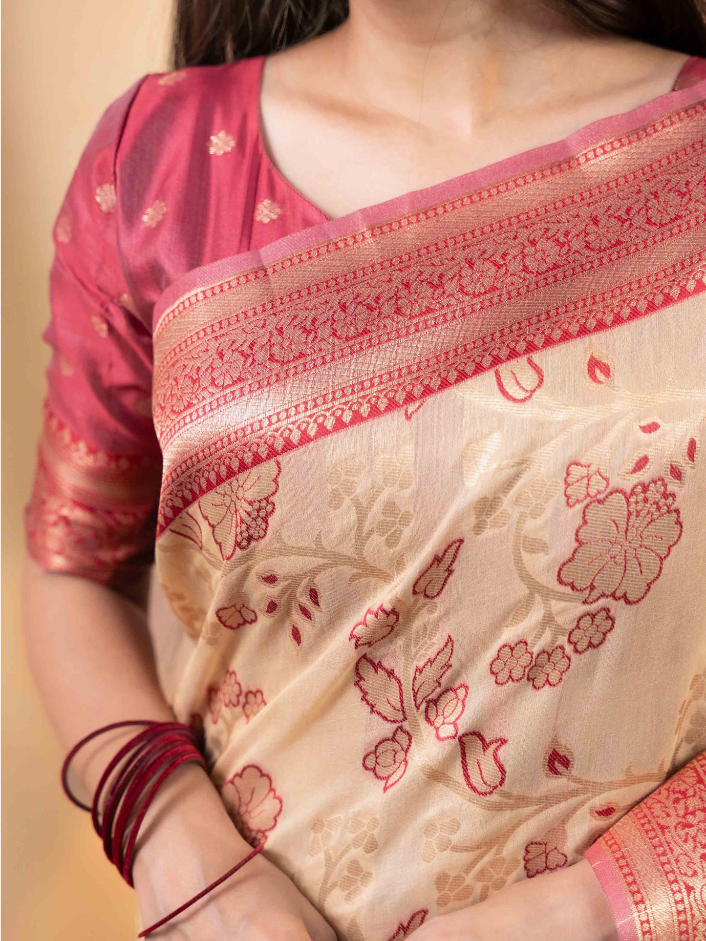 Beige & Rose Pink Woven Linen Saree
